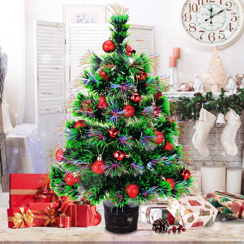 22'' Pre-lit Fiber Optic Desktop Christmas Tree Mini Artificial Tabletop Xmas Tree Multicolor Lighted with Solid Base, Balls