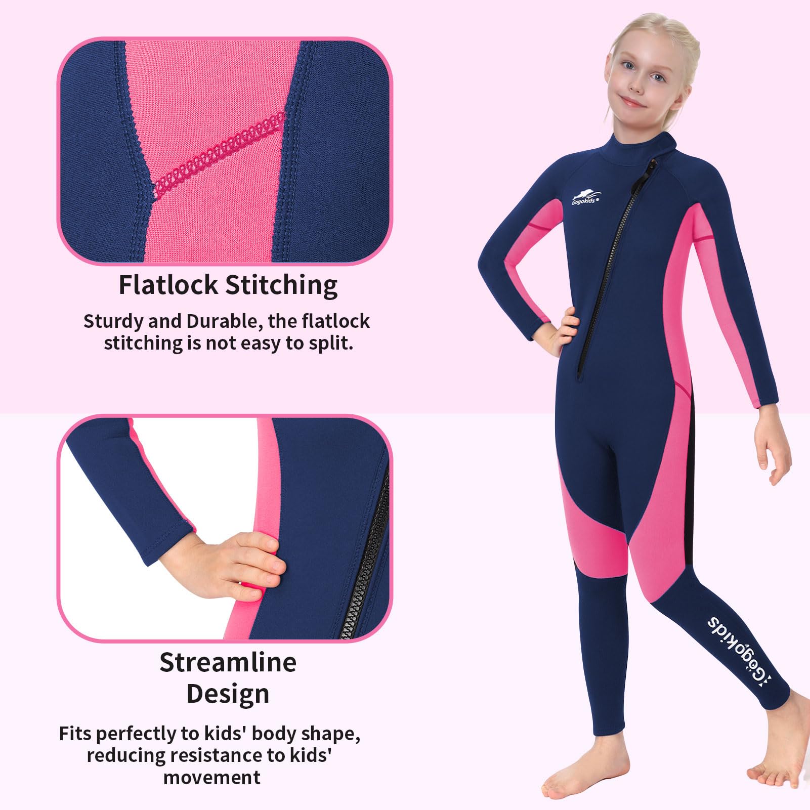 Gogokids Neoprenanzug Kinder, 8-16 Jahre Neopren Thermal Badeanzug, Front Zipper Lang Taucheranzug, UV 50+ Sonnenschutz Ideal für Schwimmen, Surfen, Tauchen