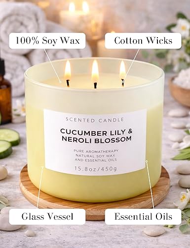 Miniatura 5 de Vela perfumada de soja de 3 mechas de lirio de pepino y neroli, 15.8 onzas, vela de aromaterapia fresca de spa, vela perfumada grande para el hogar,