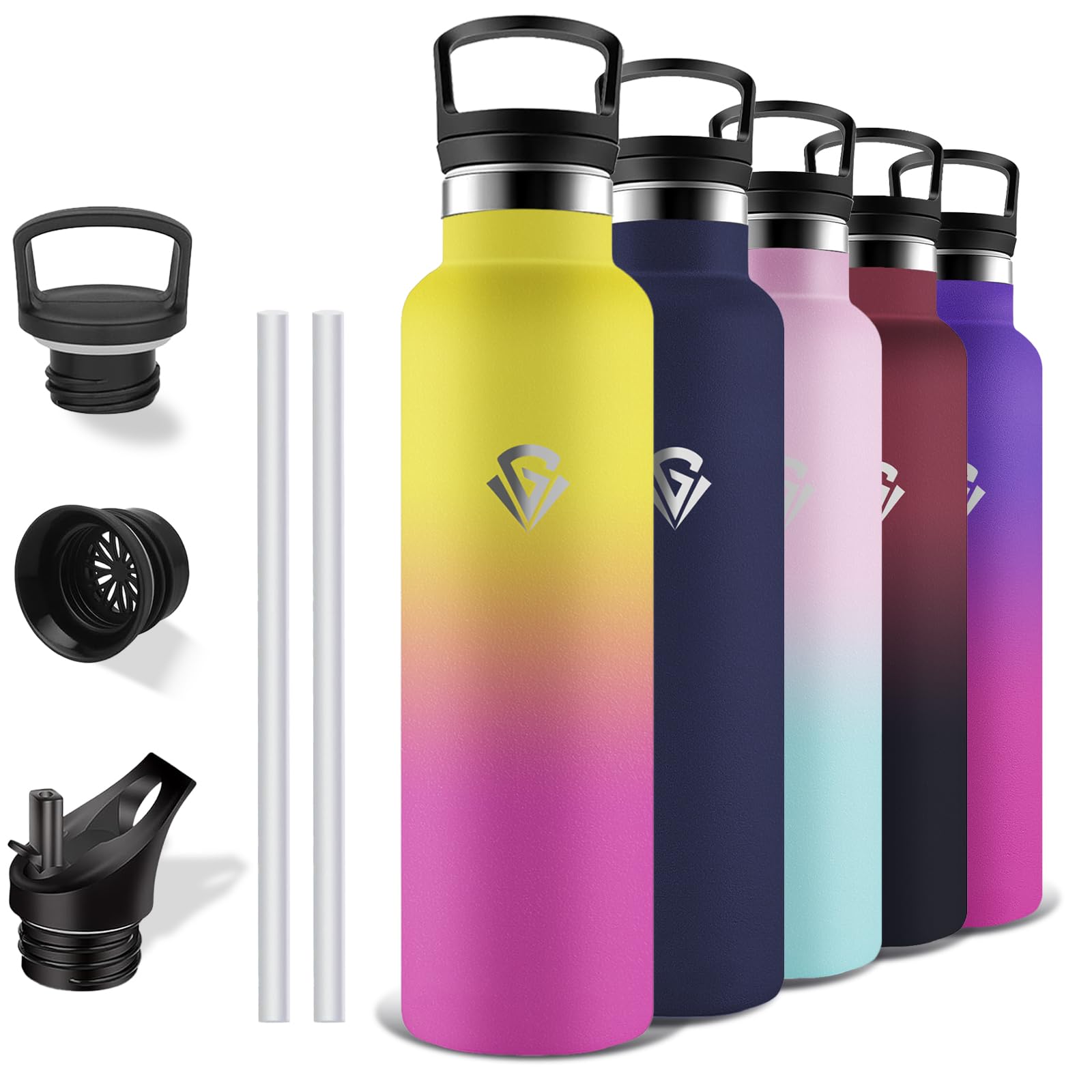 Grsta Stainless Steel Water Bottle, 1 Litre, with Straw, BPA-Free, Leak-Proof, Double Walled, Thermos Flask for Yoga, Camping, Hiking, Gym