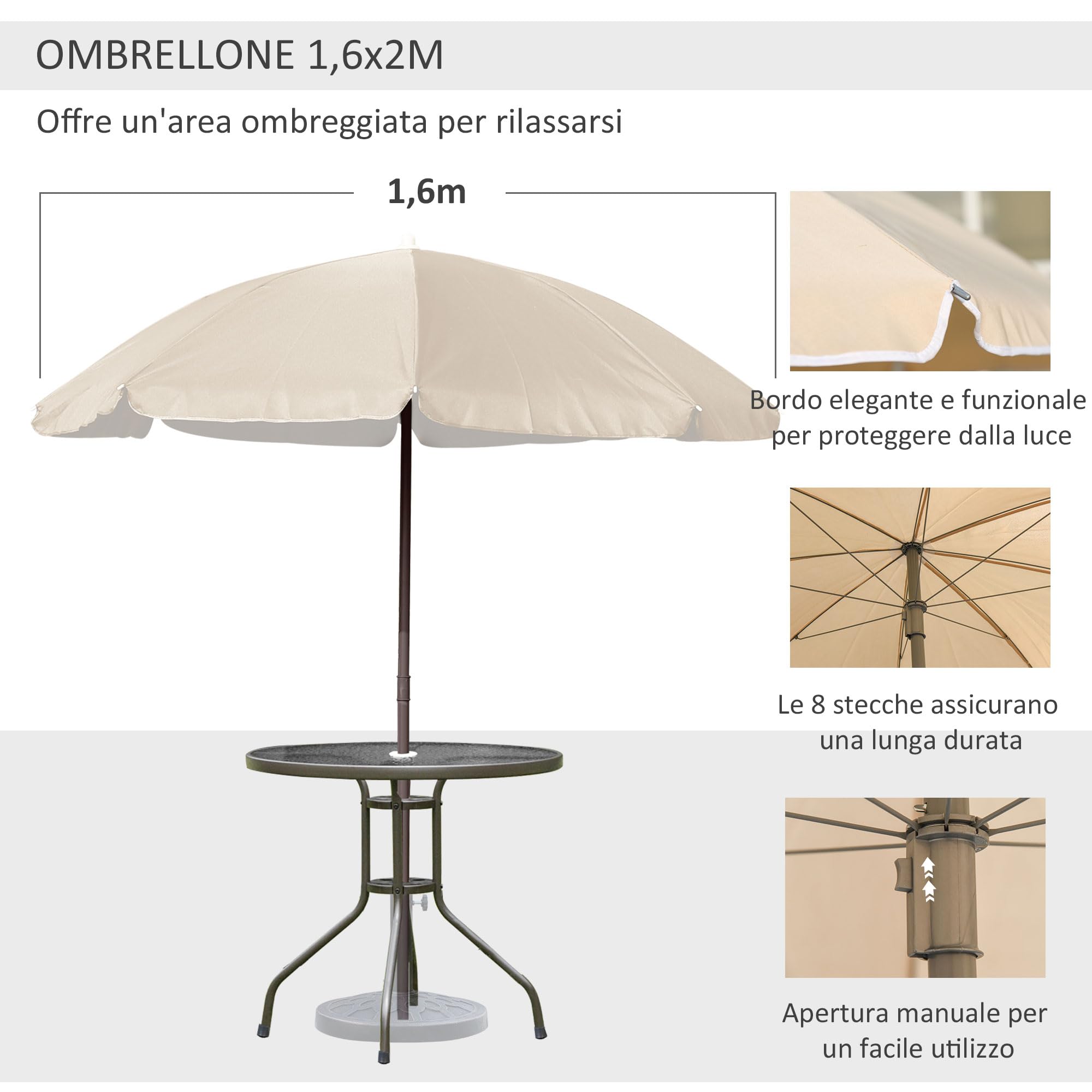 Outsunny 6 pz Set Mobili da Giardino in Tubi d'Acciaio, Tavolo da Giardino con Sedie e Ombrellone, Crema