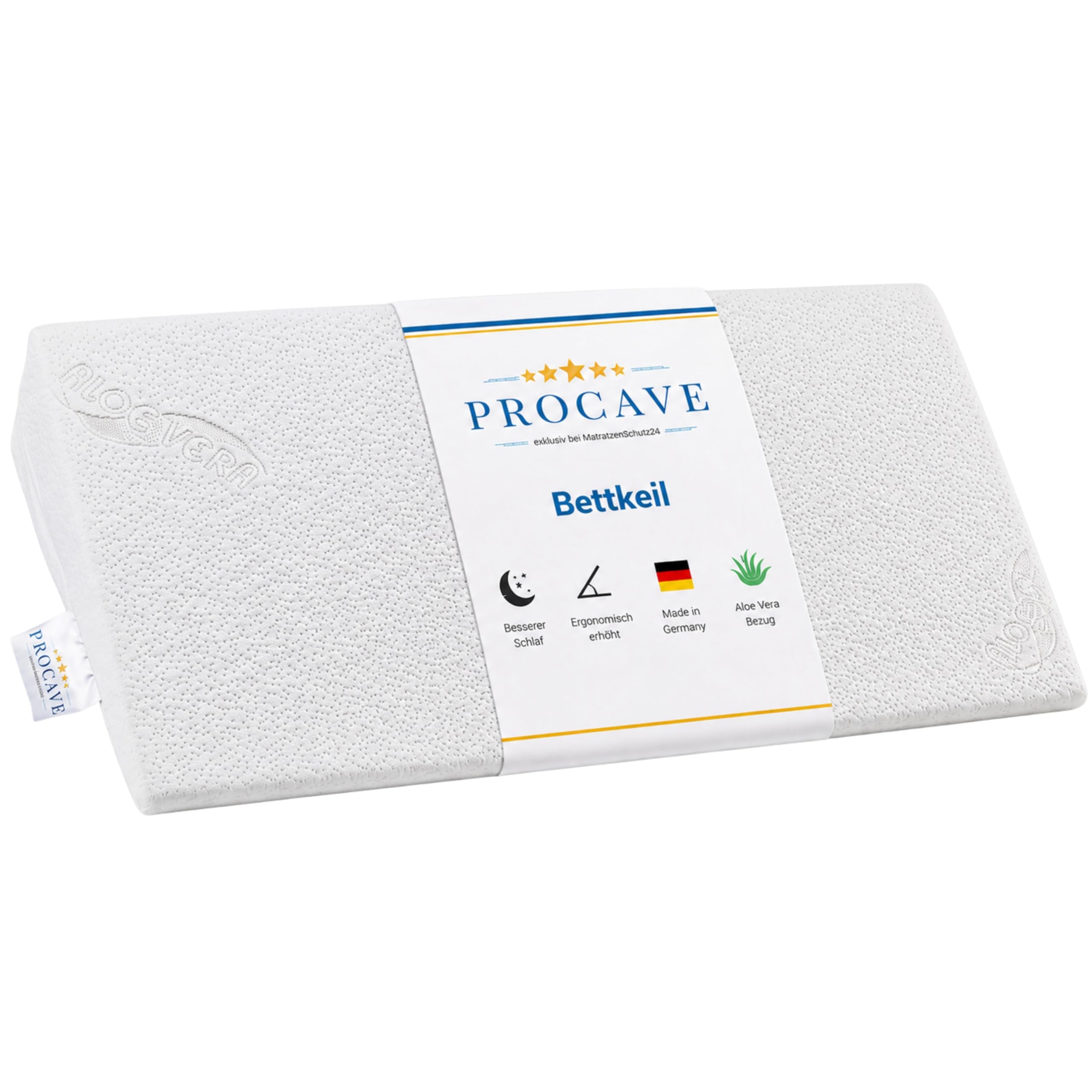 PROCAVE Cale de lit | Coussin en Mousse en Forme de cale | Réhausseur de Matelas Respirant | Fabriqué en Allemagne | Housse Double en Tissu Aloevera | 140 cm x 45 cm x 15/1 cm
