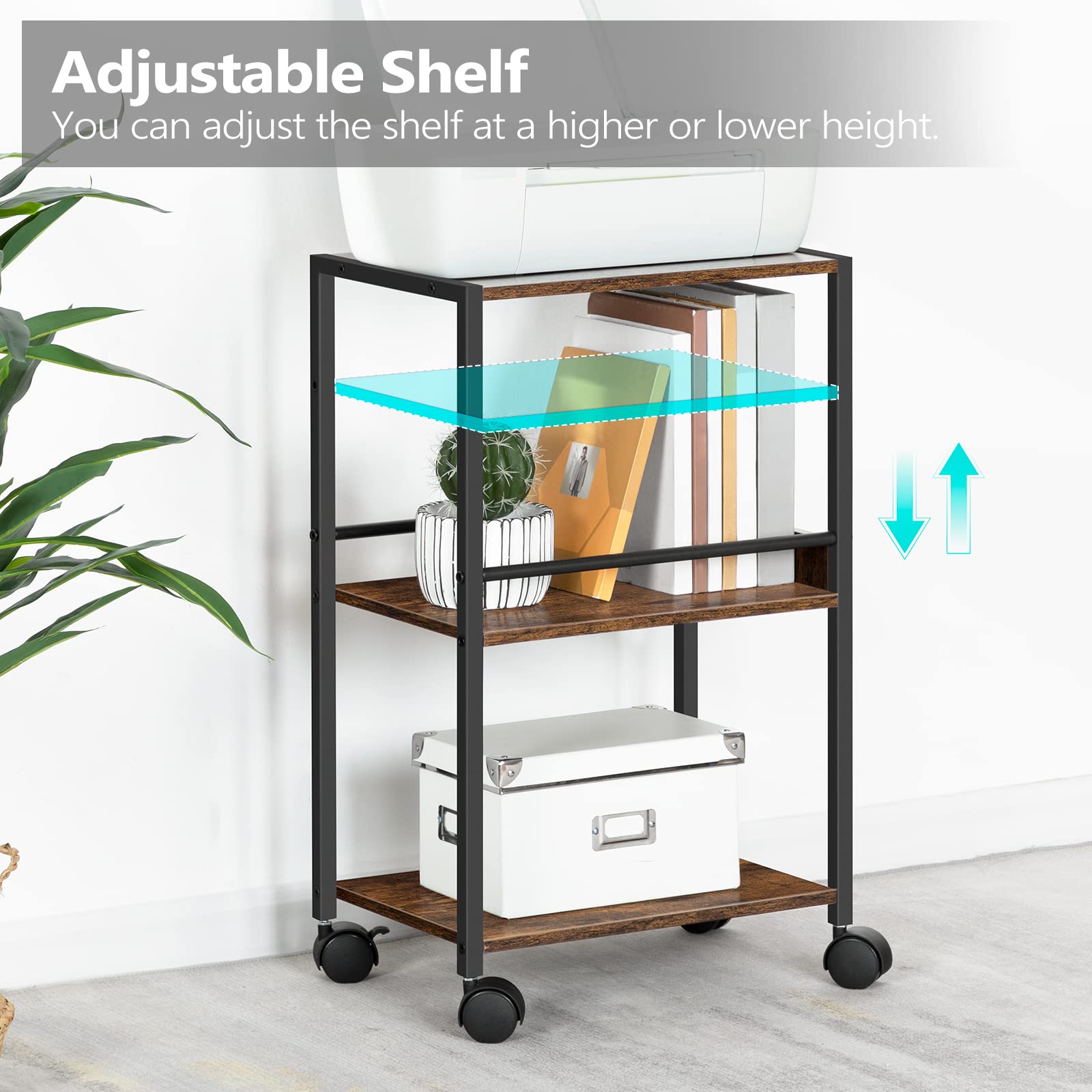 MAHANCRIS 3-Tier Computer Tower Stand, Mobile Printer Stand with Adjustable Shelf, Rolling Printer Cart with 2 Hooks, CPU Stand with Wheels for Home Office, Sturdy and Stable, Rustic Brown PTHR6001Z