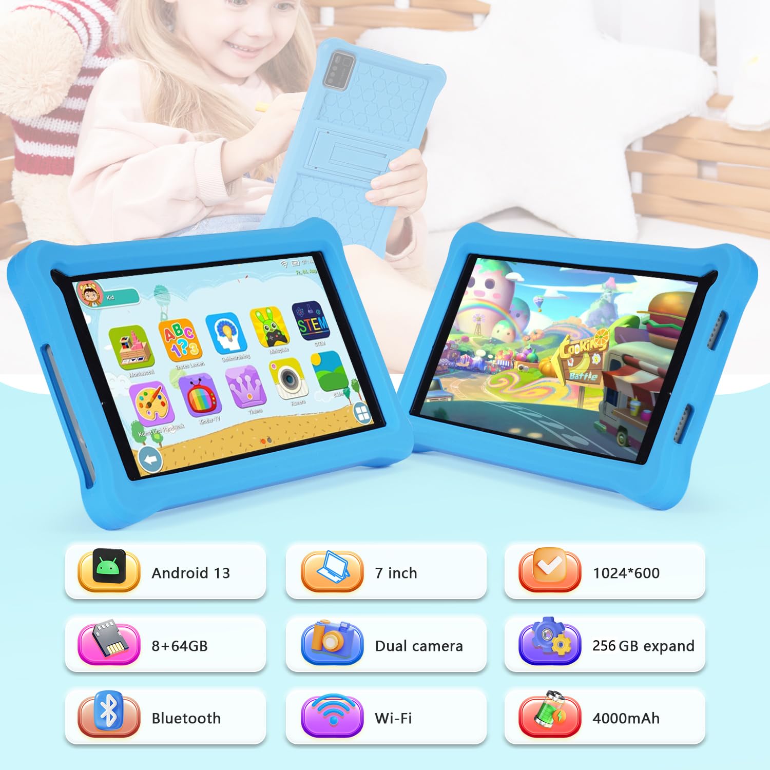 SANNUO Tablet bambini 7 pollici con Display IPS, Android 13 Tablet per bambini, Controllo Parentale, 8GB RAM 64GB ROM(256 GB Espandibile), Doppia fotocamera, WiFi, Tablets Educativo con Custodia(Blu)