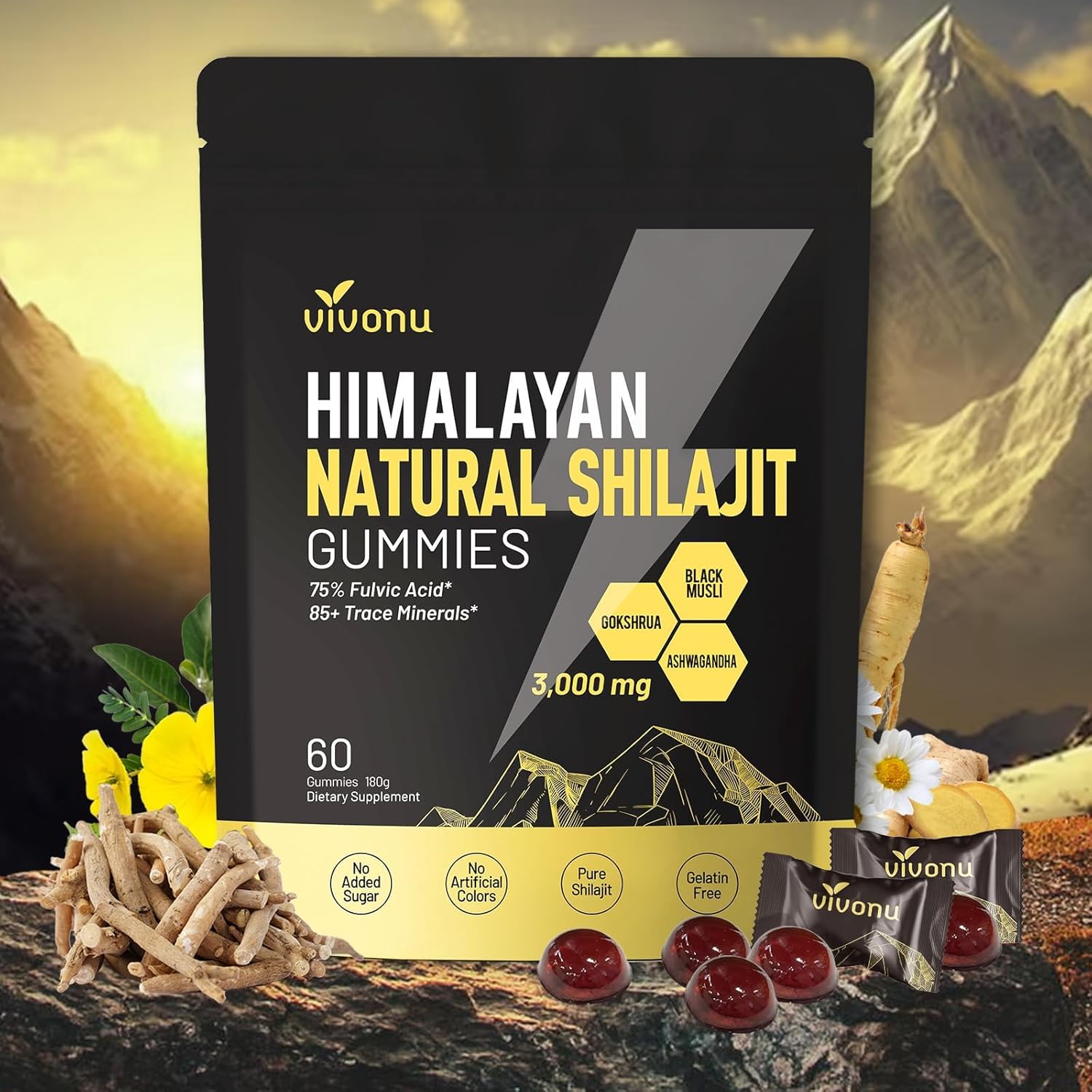 Shilajit* Gummies,Pure Himalayan* micronutrient Supplement, Himalayan Premium Ingredient with Shilajit, Ashwagandha, Gokshura, Fulvic Acid & 85+ Trace Minerals I for Men & Women (3000MG/1 Bag)