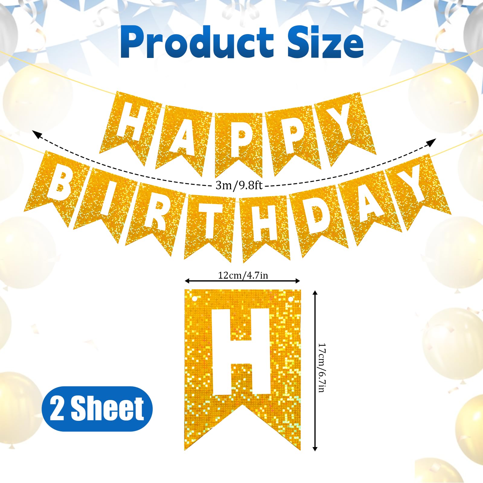 Condition photo showing New/Like New for 2 Pcs Happy Birthday Banner Gold, Shiny Glitter Swallowtail Design Hanging Sign for Wall Door, Party Decorations for Women Men Party Backdrop