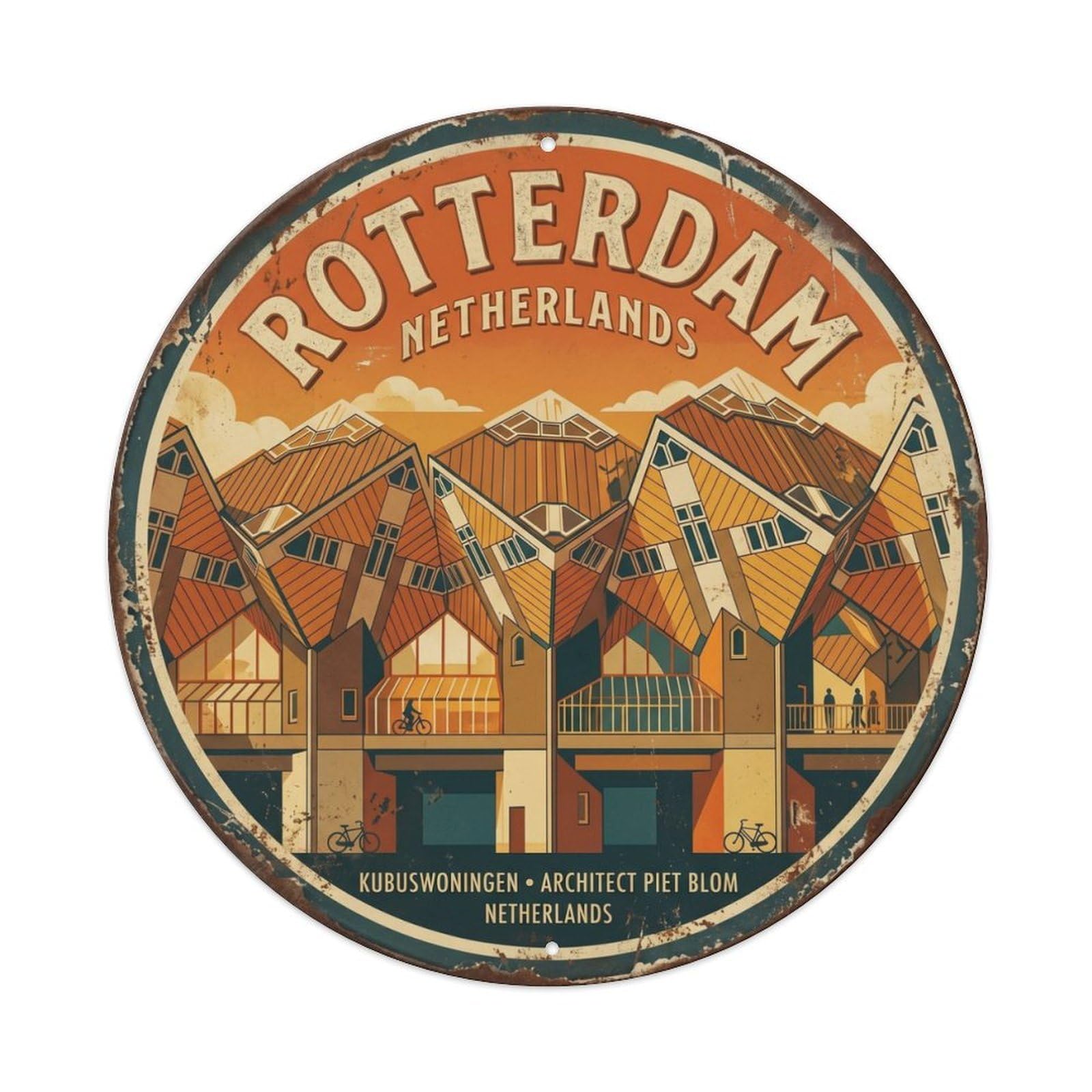 Vintage Travel Cube Houses Rotterdam Metal Tin Sign Plaque Wall Decor for Cafe, Club Bar, Office, Home Garden Round Metal Poster 8x8Inch