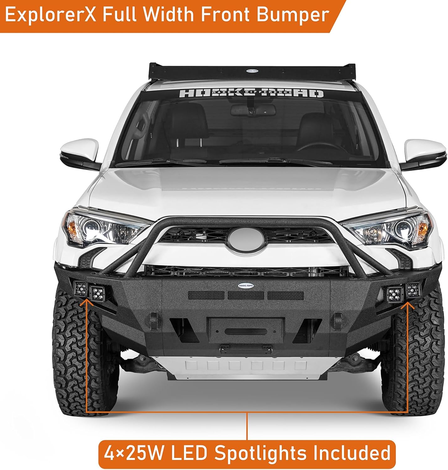 Hooke Road ExplorerX Front Bumper for 2014-2024 Toyota 4Runner 5th Gen, Full Width Rock Crawler Bumper with Winch Plate, Skid Plate & D-Ring Mounts