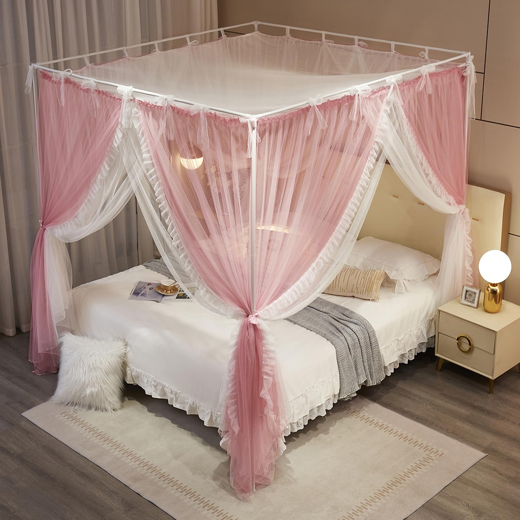 Vorhang mit 4 Ecken, Betthimmel, Schnürung, Moskitonetz, Netzgewebe und doppellagig, für Schlafzimmer-Dekoration (Rosa/Weiß, 134,6 x 198,1 x 208,3 cm (B x L x H)