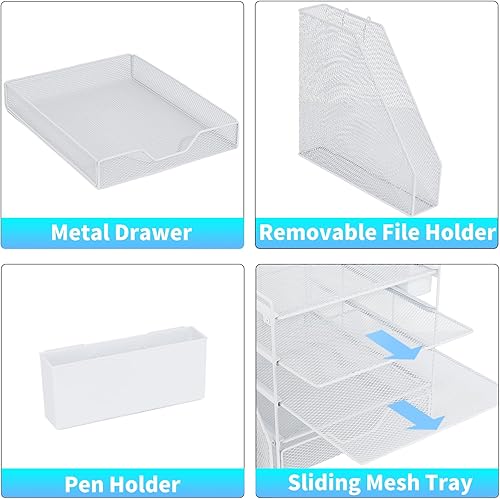 Miniatura 3 de Organizadores de escritorio y accesorios, organizador de bandeja de papel de 5 niveles con soporte para archivos, cajón y soporte para bolígrafos,