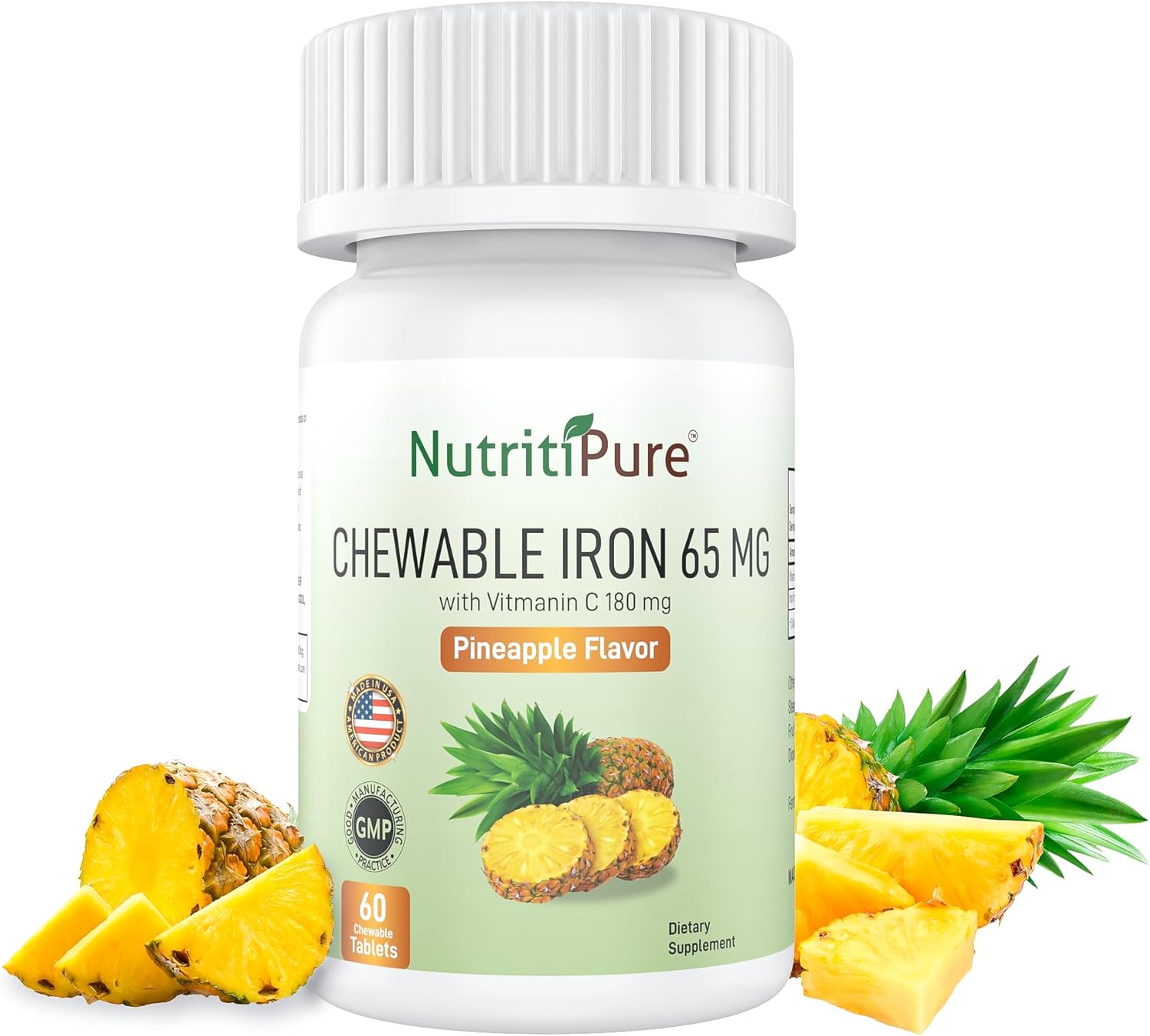 Chewable Iron Carbonyl 65 mg with Vitamin C 180 mg (for Women/Men) – Tablet in Pineapple Flavor 60 Count (1)