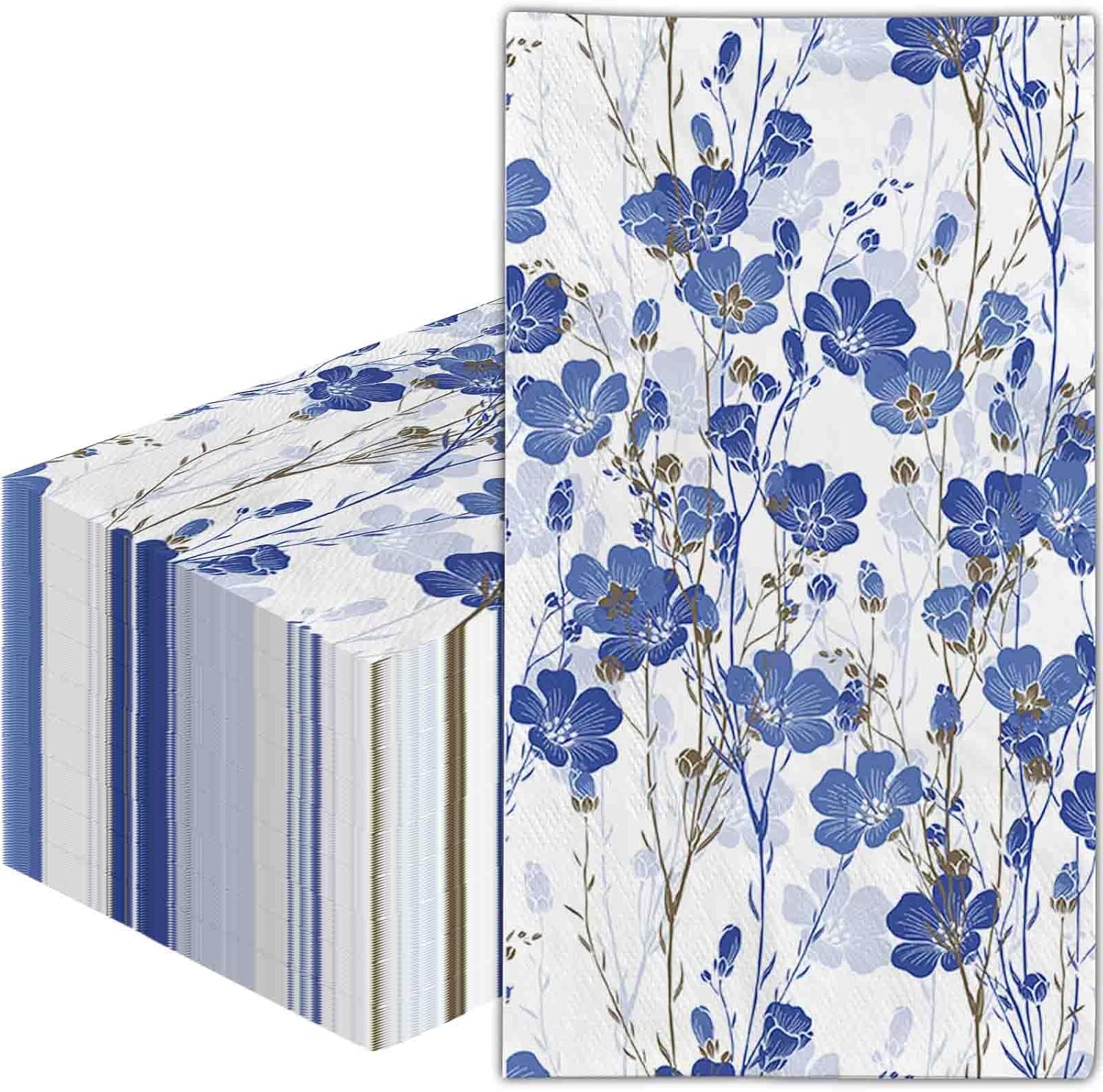 AnyDesign 80 Pack Blue Floral Guest Napkins Disposable Watercolor Blue White Flowers