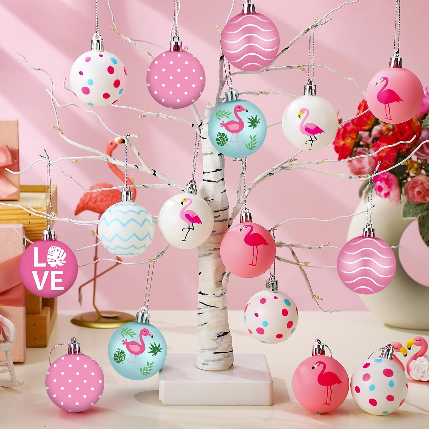 Silipull 24 Pcs Summer Flamingo Ornaments Pink Summer Tree Decorations Tropical Palm Hanging Decorations Ornament Dotted Stripe Balls for Small Tree Home Indoor Wreath Decor