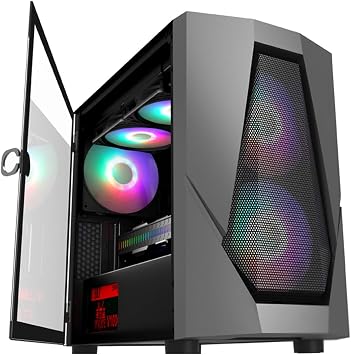 ATX Mid-Tower Gaming Computer Case, Tempered Glass Side Panel-Integrated RGB Lighting, Support M-ATX, ITX Motherboard, USB2.0-USB3.0, Support Water Cooling Color Black