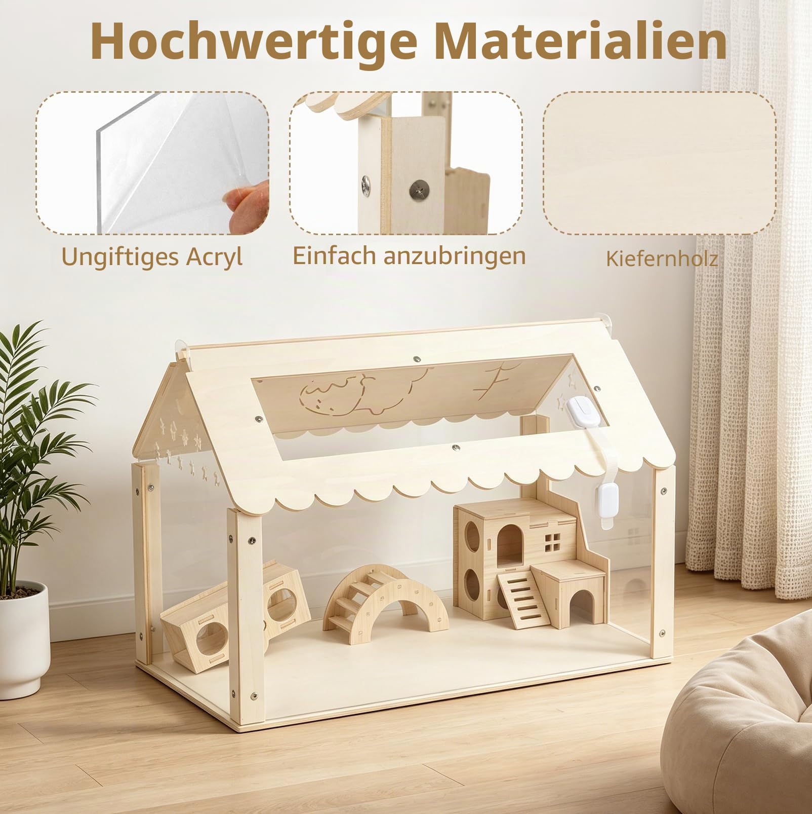 Hamsterkäfig, transparenter Hamsterlebensraum, Kleintierkäfig, 60x40x40cm | Holz Hamsterkäfig mit Versteck im Villenstil, Kleintierlebensräume Groß Stapelbar für syrische Hamster, Nager, Mäuse