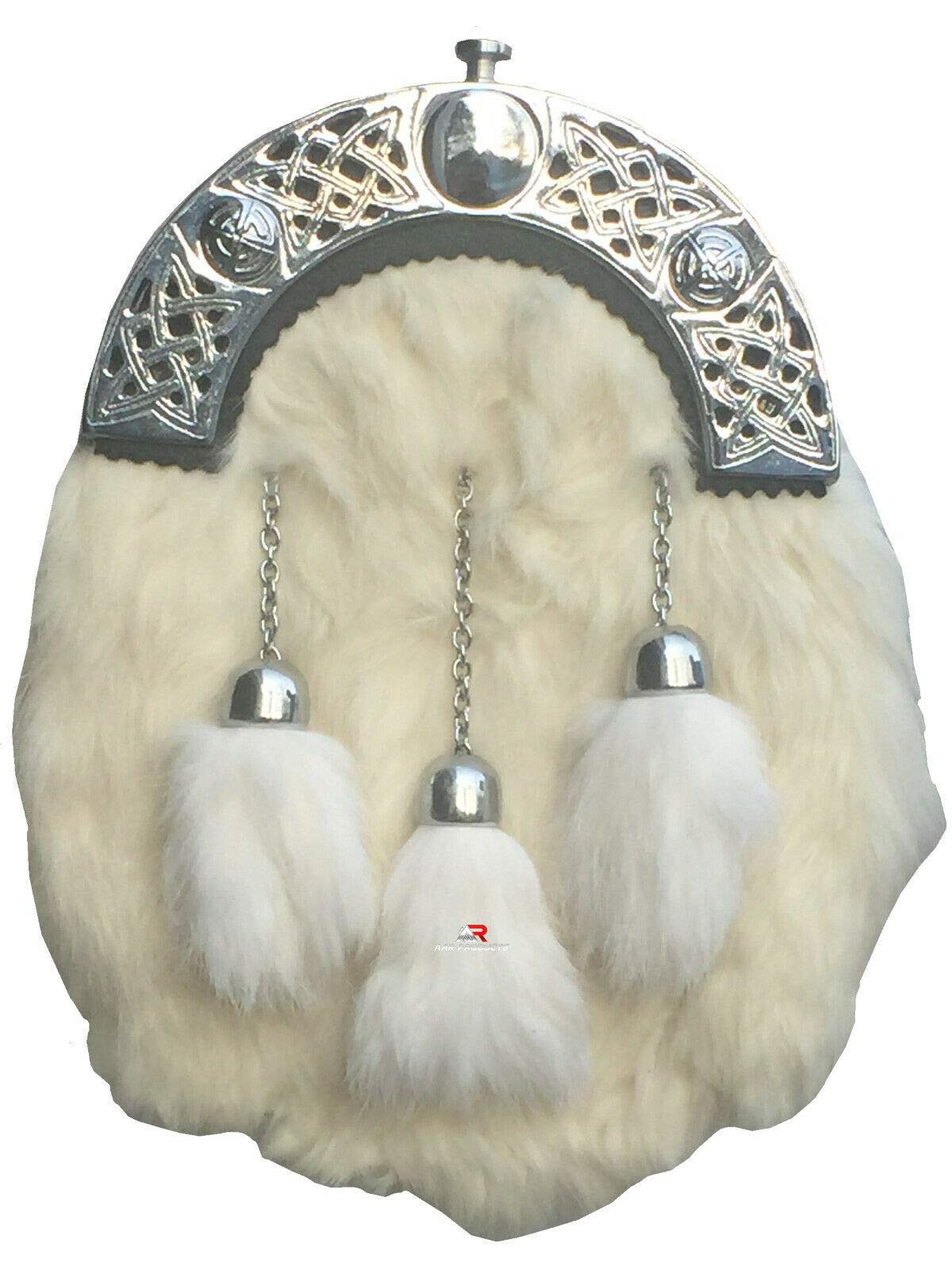 AAR Scottish Full Dress Kilt Sporran White Rabbit Fur chrome Celtic Cantle New