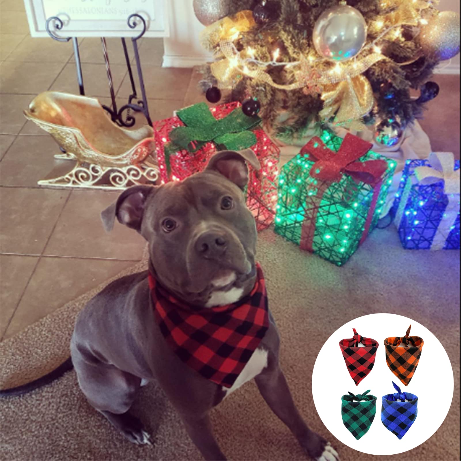 Set 4 Bandane In Cotone A Scacchi Per Cani – Regolabili, Taglia Unica, Colori Rosso, Verde, Blu E Bianco