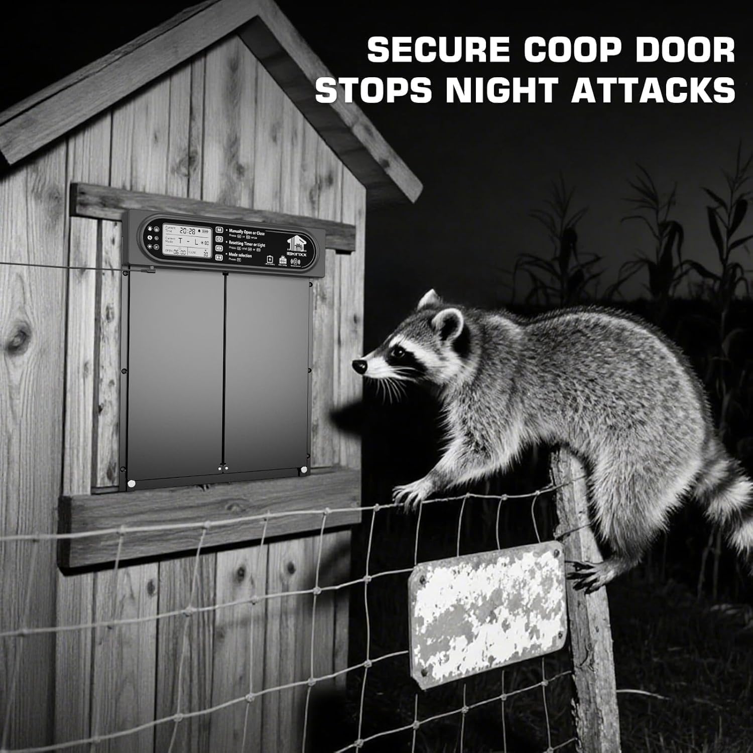 Automatic chicken coop door installed on a wooden coop, with a chicken walking out, illustrating hassle-free automatic operation.