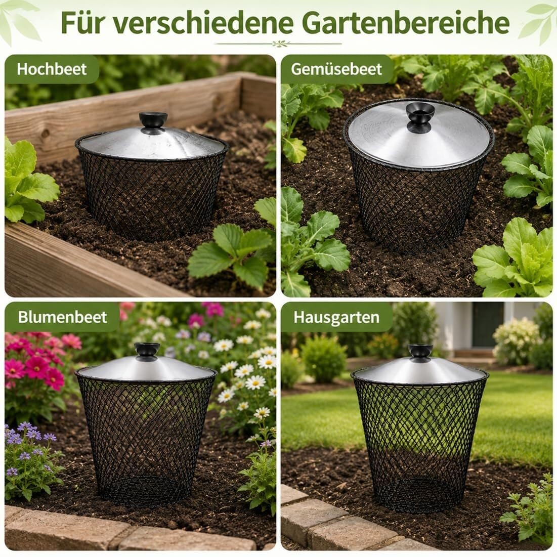 Genérico Compostador De Lombrices Subterráneo con Tapa, Cesta De Compostaje Metálica para Enterrar (residuos De Cocina Y Jardín), Contenedor De Vermicompostaje para Bancales Elevados(4 Set)