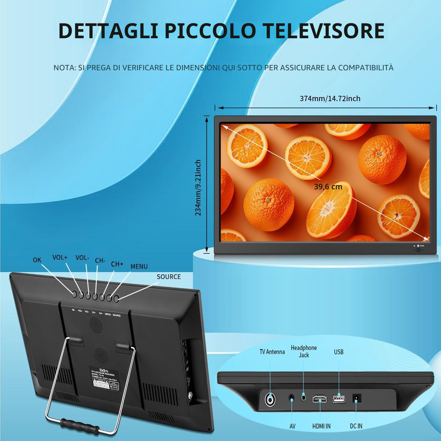 KCR TV Portatile 15,6 Pollici, DVB-T2 Digitale, Compatibilità AC/DC 12V, Ingressi HDMI/AV/USB, Telecomando