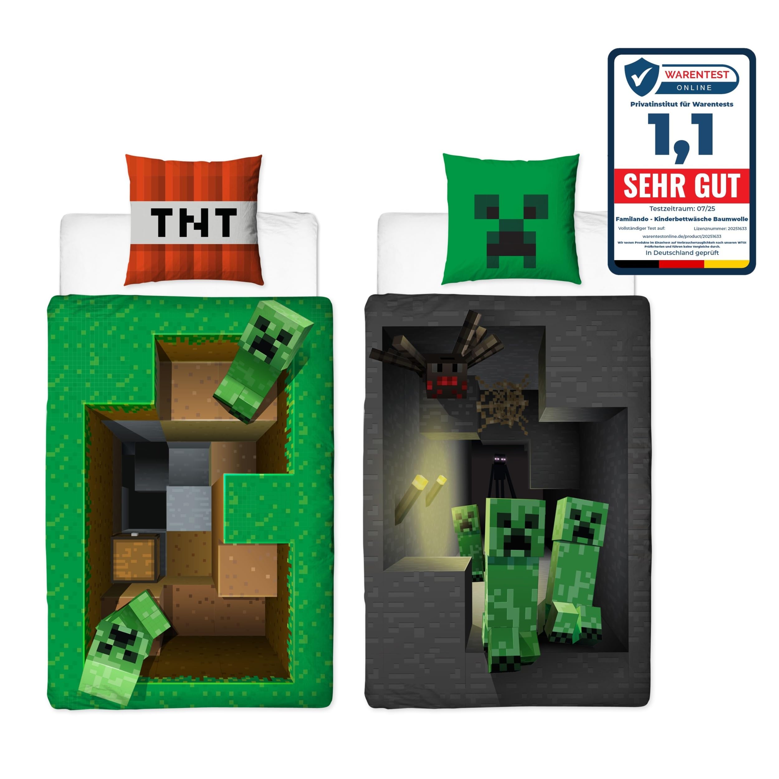 Minecraft Bettwäsche 135x200 Set mit Kissenbezug 80x80 cm für Jungen - Weiche und atmungsaktive Kinderbettwäsche aus 100% Baumwolle - Öko-Tex Zertifiziert - Reißverschluss mit Creeper Blöcken