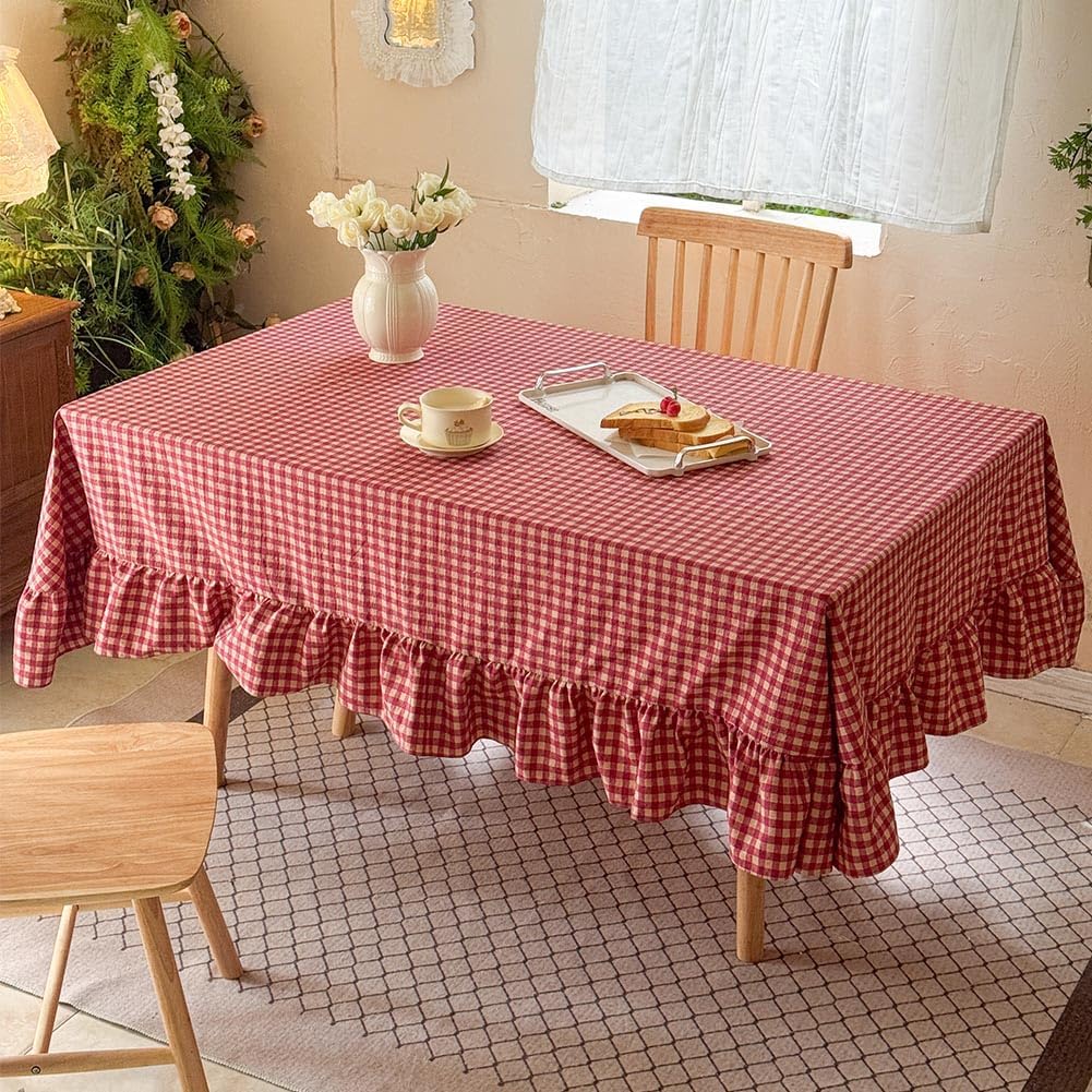 NSNLGSGC Red Plaid Gingham Ruffled Tablecloth Rectangle, Washed Cotton Blended Checkered Table Cover for Dining Room or Kitchen, Fits 4-6 Seater Table 52"x 70"