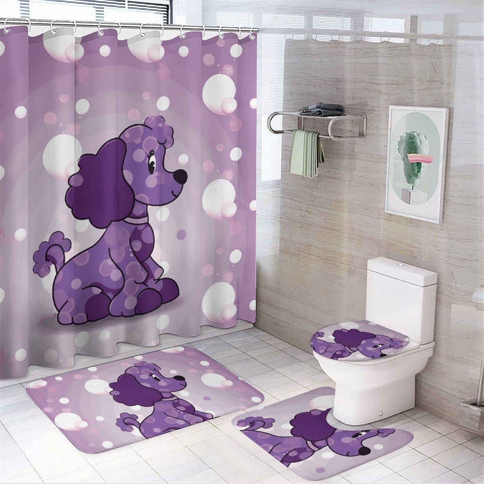 Rideau de douche imperméable violet avec tapis antidérapants caniche 4 pièces