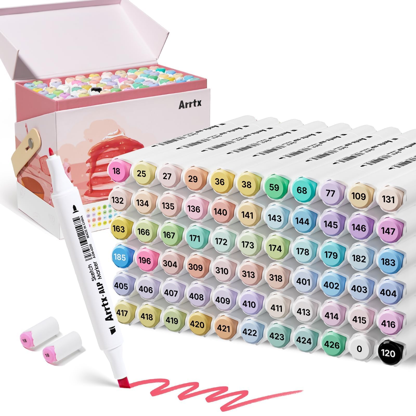 Arrtx ALP Lot de 66 marqueurs pastel à alcool à pointe fine et biseautée, adaptés pour la peinture, le coloriage, le dessin, les croquis, les illustrations, les marqueurs à base d'alcool, les stylos