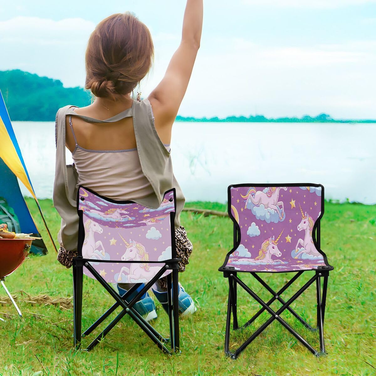 JUMBEAR Schöner Einhorn-Klappstuhl für Erwachsene und Kinder, leicht, faltbar, geeignet für den Außenbereich, Stühle für Strand, Rasen, Camping, Angelausflug und Garten Sonstiges