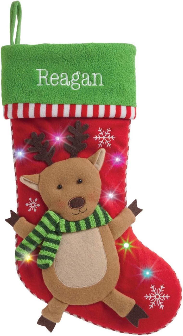 Personalized Planet Reindeer Christmas Stocking with LED Lights and Custom Name Embroidery | 3-D Character Stocking with Colorful Twinkling Lights | Green Cuff | Festive Home Décor | Ready to Hang