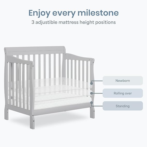 Dream On Me Aden 4-in-1 Convertible Mini Baby Crib, GREENGUARD Gold & BSA Certified, Sustainable Pinewood, Non-Toxic Finish, 3 Mattress Heights, Converts to Mini Day & Twin-Size Bed - Grey