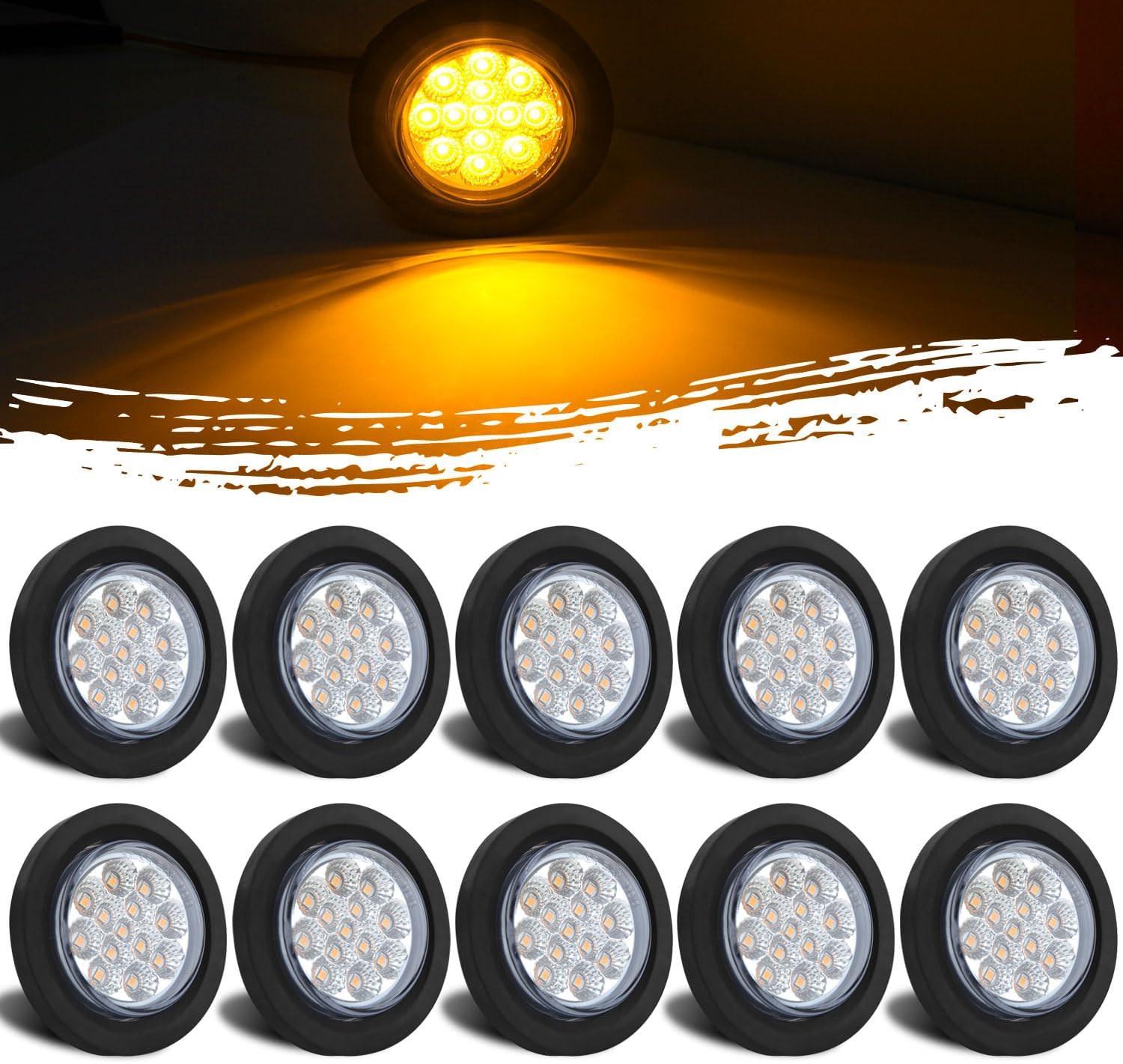 10Pcs 2.5" Inch Round Led Marker Lights Clear Lens 13 Amber LED Reflectors, 2.5 Inch Round LED Truck Trailer Clearance Side Marker Lights w/Light Grommets and Wire Pigtails 12V Waterproof