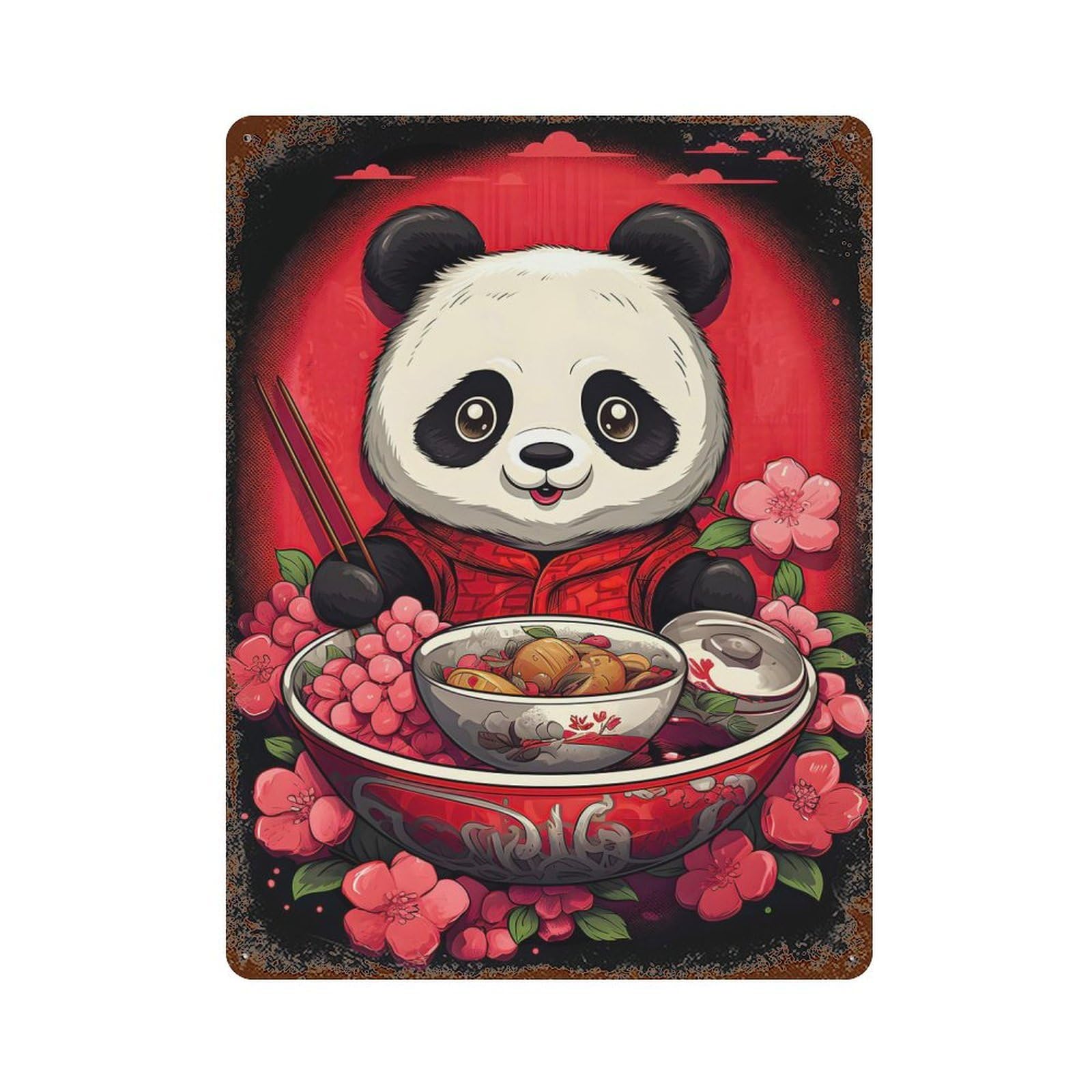 Rust Effect Tin Sign with Japan Panda Ramen Ruby Art Design 15.7"x11.8", for Pub, Kitchen And Man Cave Decor, Industrial Home Decor