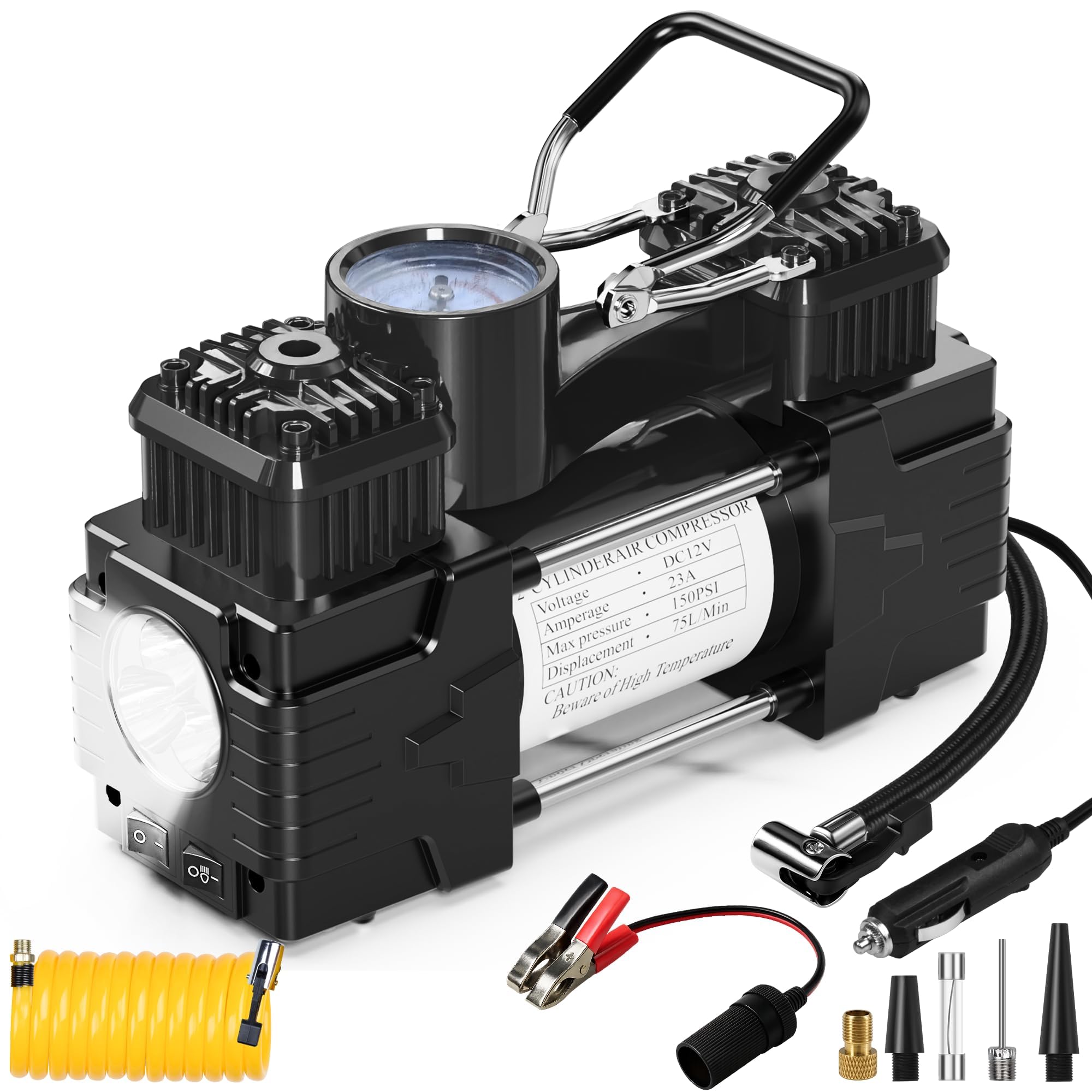 Compressore d'aria a doppio cilindro, 150 psi, 12 V CC, portatile, accessorio per auto, luce a LED, resistente, per camion, SUV, auto, camper, per uomini e donne (nero)