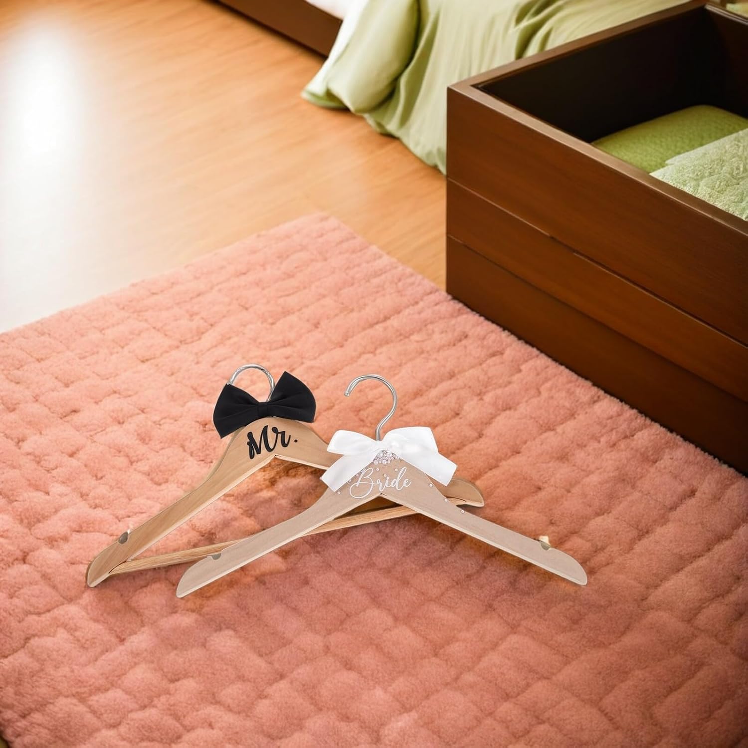 Cabilock Bride and Groom Wedding Wooden Hangers Set with Black Bow Tie and Natural Pearl Accent, Suit Hangers for Bridal Party and Bridal Shower – 2 Pieces