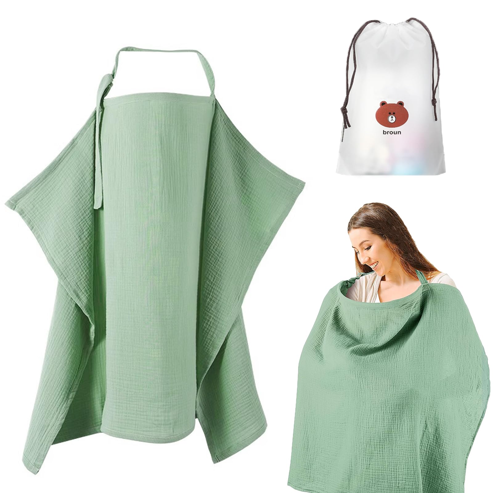 Stilltuch Musselin-Stillbezug für Babys Stillen Abdeckung Baumwolle Stillschal Stilltuch Atmungsaktiv und Leicht für Unterwegs Sichtschutz - KAMHBE (Grün)