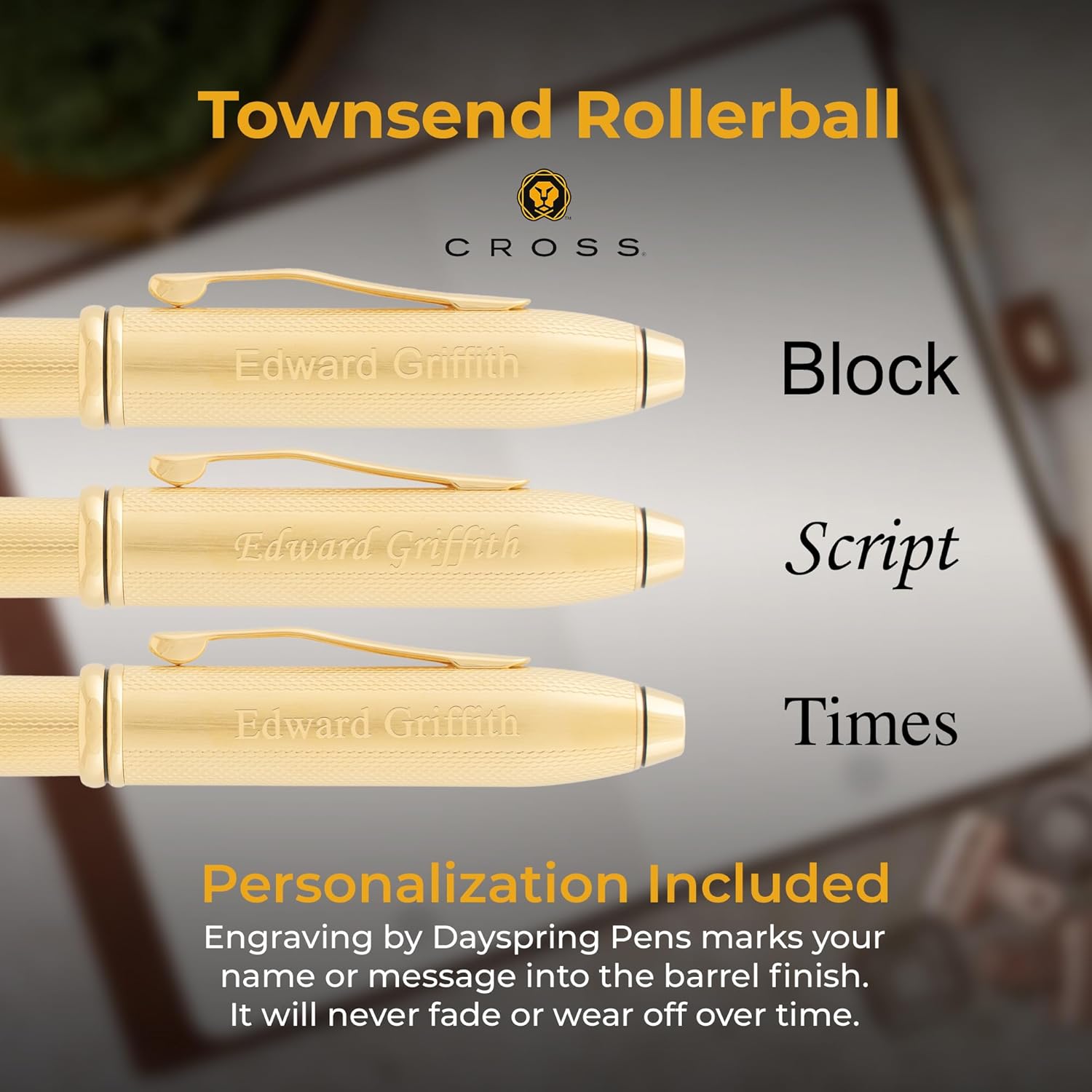 Cross Townsend Engraved Rollerball Pen, 23 Karat Gold Plating, Capped, Personalized Gift for CEOs, Executives, Retirement, Board Appointments, Career Advancement, Cross Gift Box Included