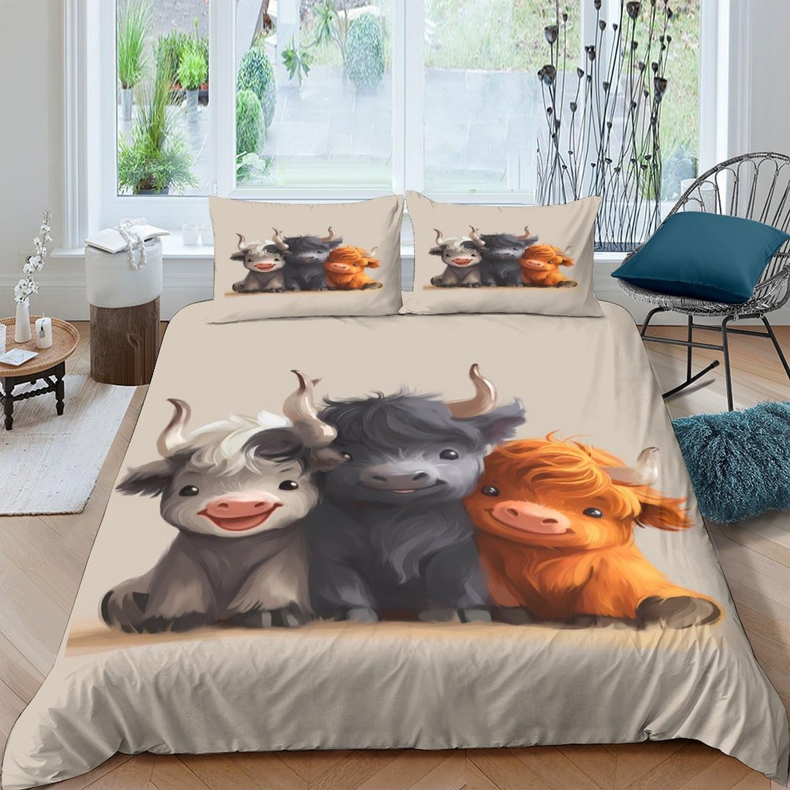 Ctjqhvkz Style-3 3D Printed Cute Cow Fitted Sheet Microfiber Soft Breathable Highland Cattle Bed Cover For Bedroom Guest Room Decor Single（135X200cm）