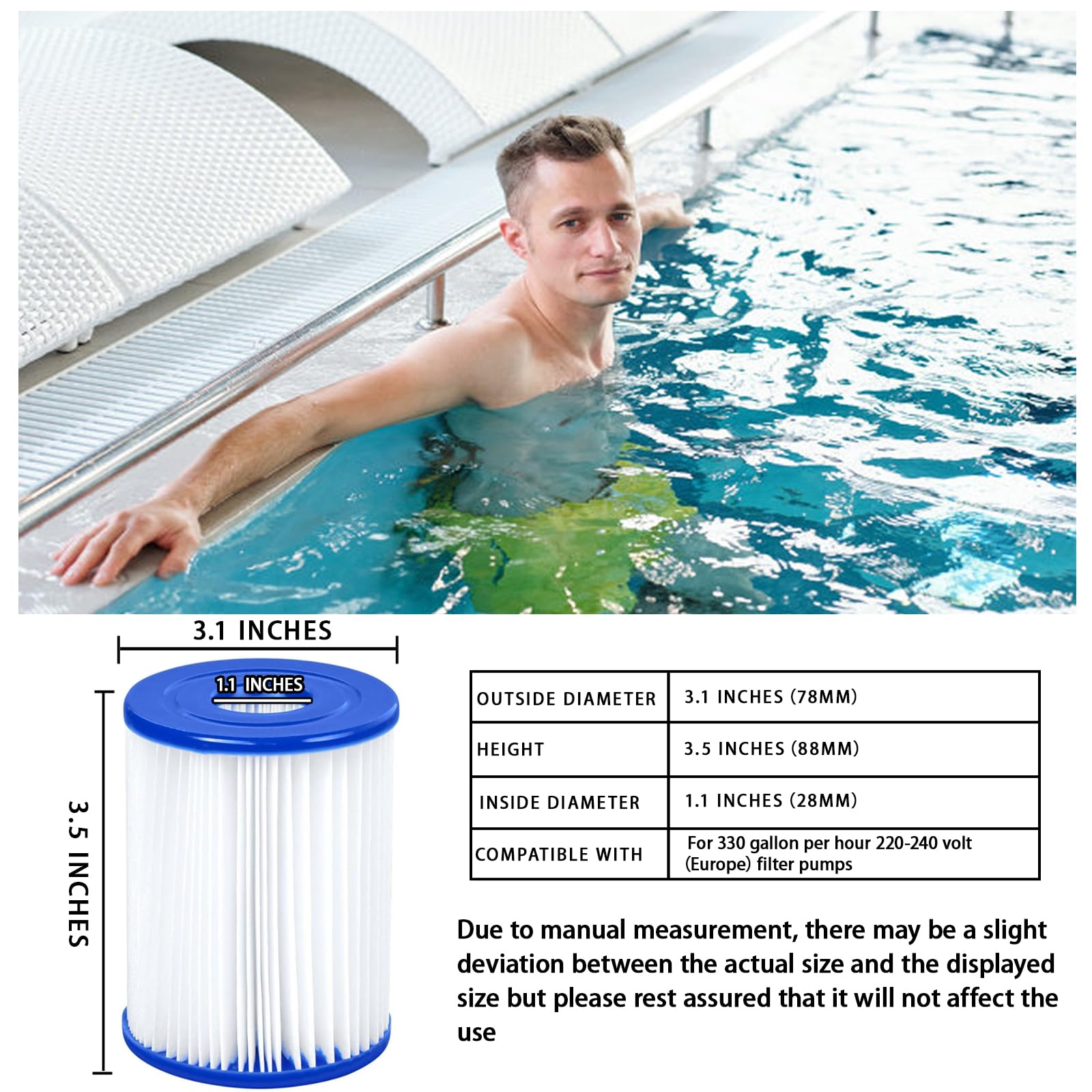 Lot de 8 cartouches filtrantes de type I 58093 pour piscine gonflable Bestway, cartouche filtrante de rechange pour pompe de filtration de 1000 litres par heure, 8,9 x 7,9 cm