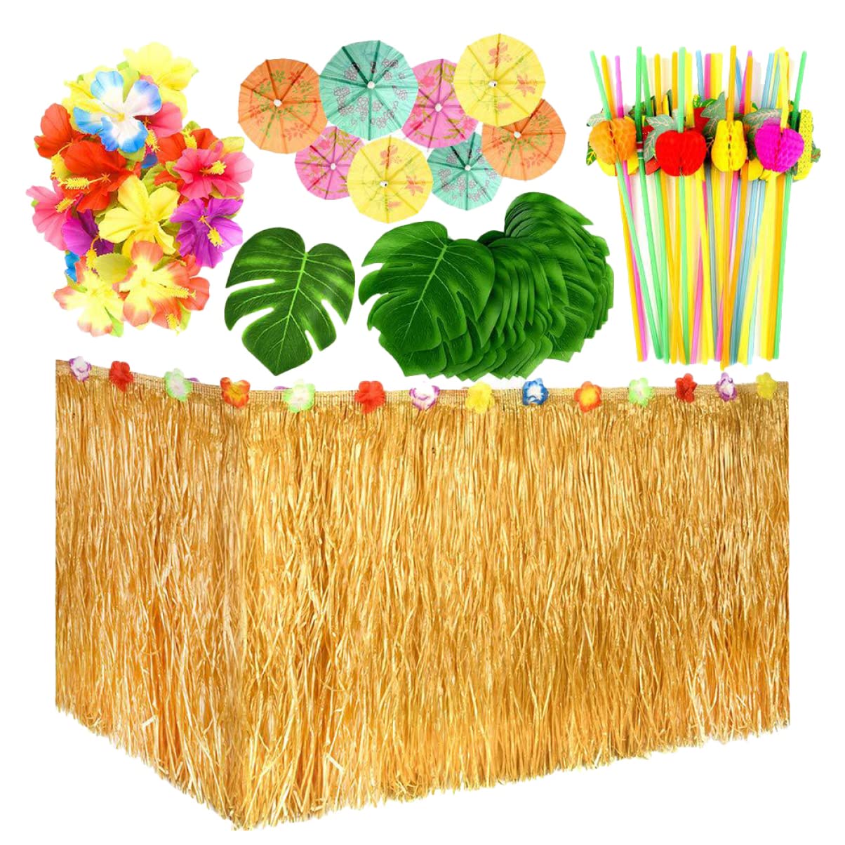 OFFSCH 1Set Grass Table Skirt Tropical Decoration with Pineapple Flamingo Accents for Luau Parties Themed Events
