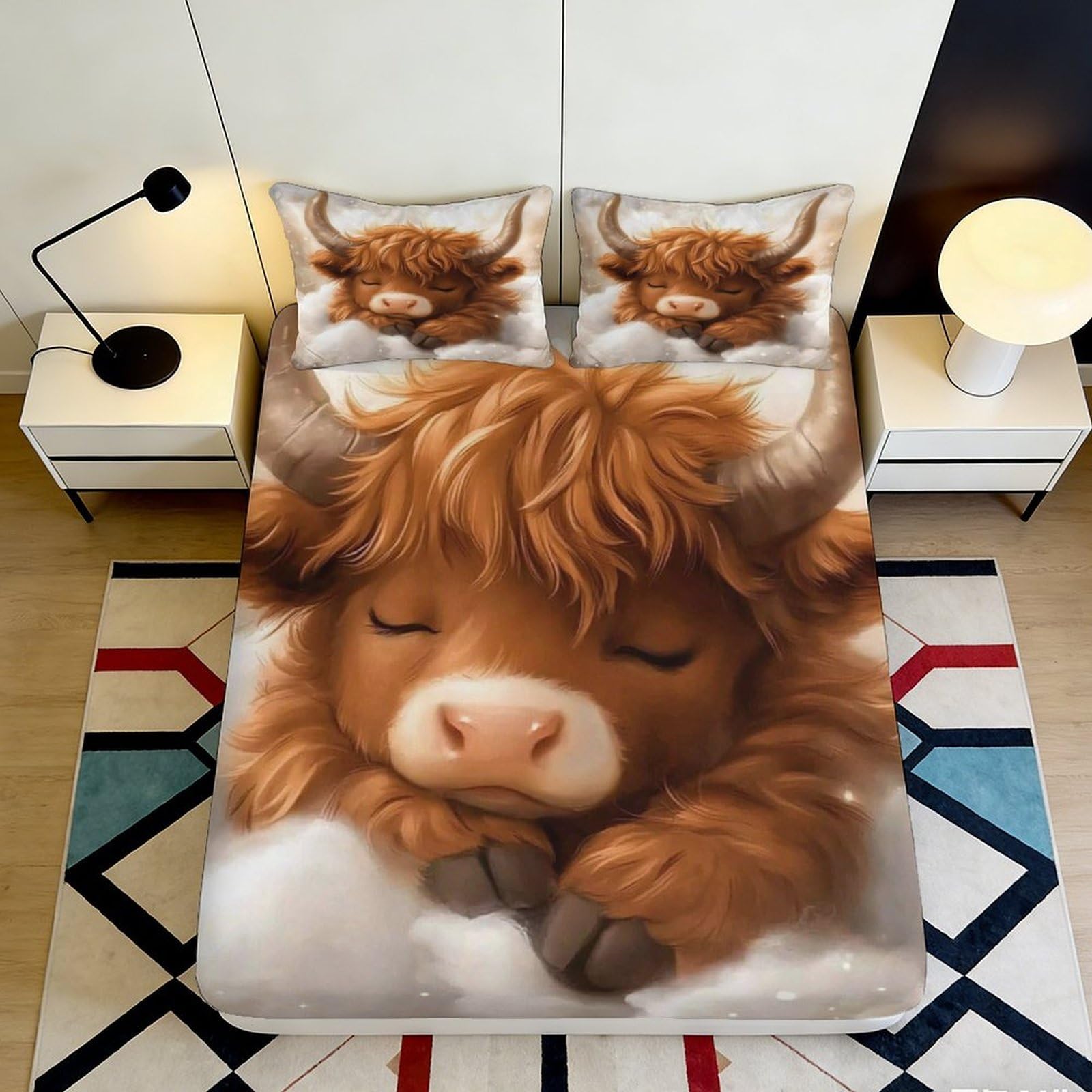 3D Printed Highland Cow Fitted Sheet Microfiber soft touch wrinkle resistant decor for bedroom guest room bedding 90x200x25cm