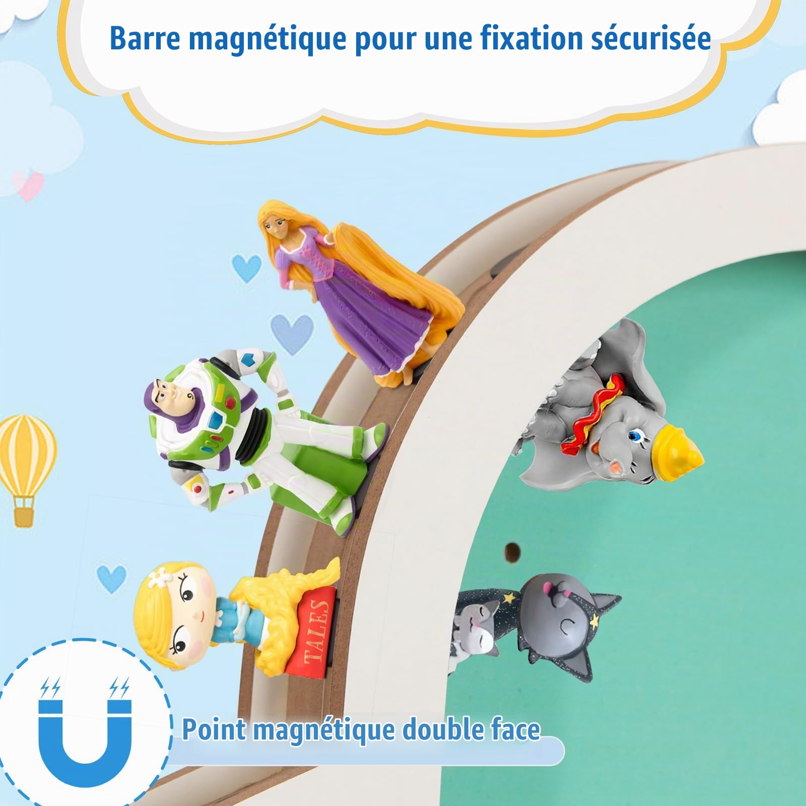 Todeco Étagère Magnétique Murale pour Tonies et Toniebox, UFO | 30-40 Tonies, Pastilles Magnétiques Double Face, Bois Robuste, Compatible avec Station de Charge, pour Chambre Enfant
