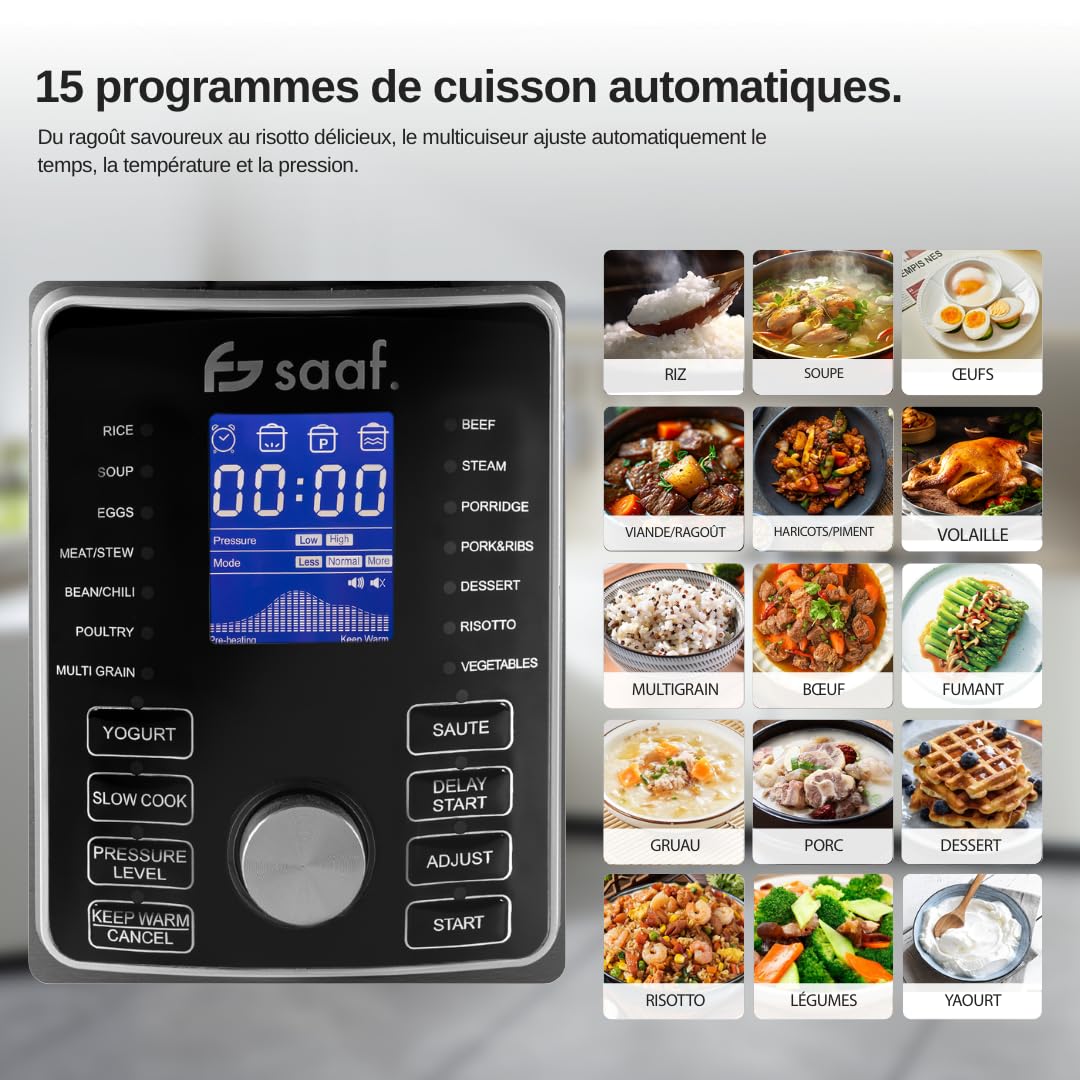 Saaf Multicuiseur avec Airfryer – Set de 15 Pièces – 24 Programmes – Slowcooker, Cuiseur à Riz, Vapeur & Cocotte-Minute – 6L – Inclus Panier, Cuve & Livre de Recettes – Écran Digital