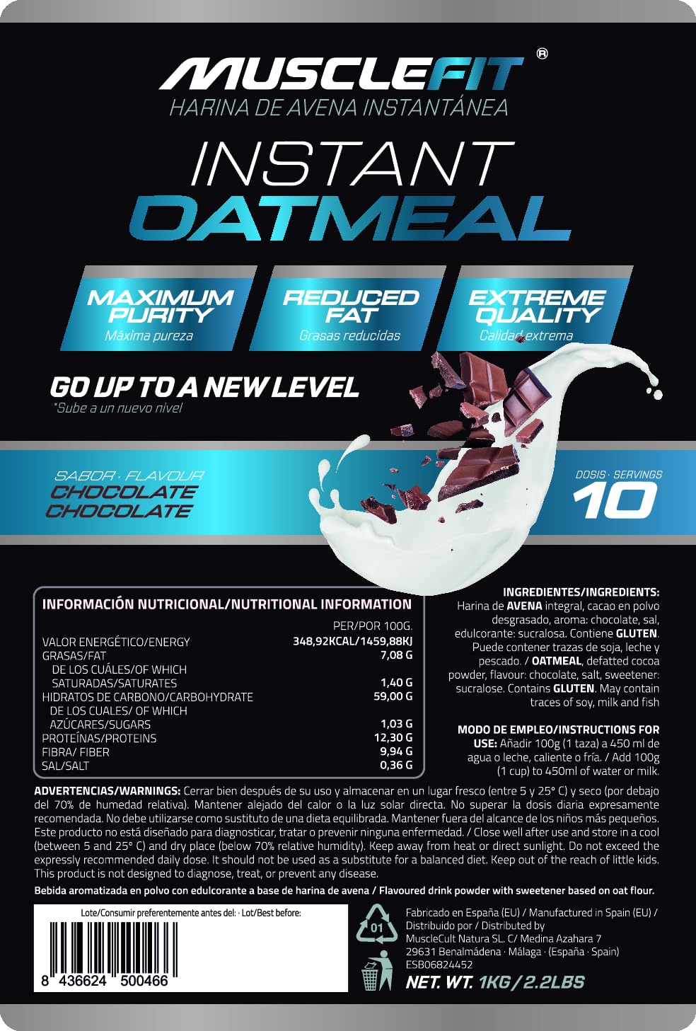 MuscleFit Harina de Avena Integral | 1kg de Avena Molida | Sabor Chocolate | Oatmeal | Bajo en grasas — view 2