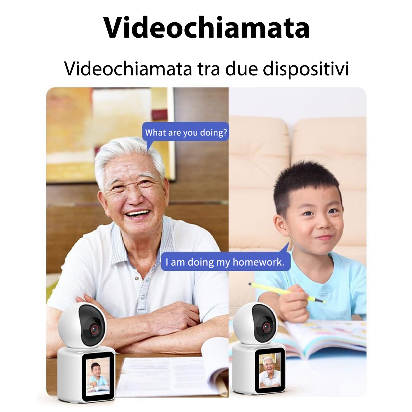 Telecamera WiFi interni, orientabile, videochiamate, videocamera intelligente, monitoraggio video per bambini, display HD da 2,8 pollici, con IR notturno