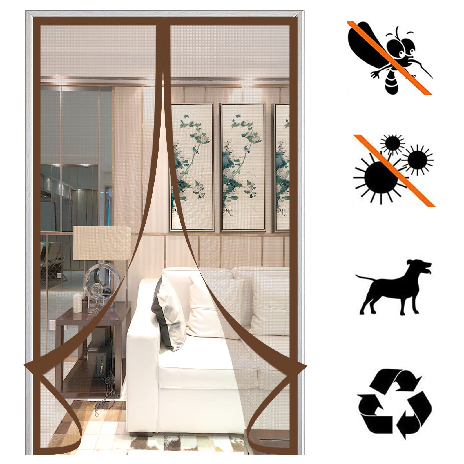 Magnetic Fly Screen Door, Magnetic Insect Protection Balcony Door, Automatic Closure, Self-Adhesive Mosquito Net, No Drilling, for Living Room, Patio Door, Brown, 105 x 205 cm (41 x 80 inches)