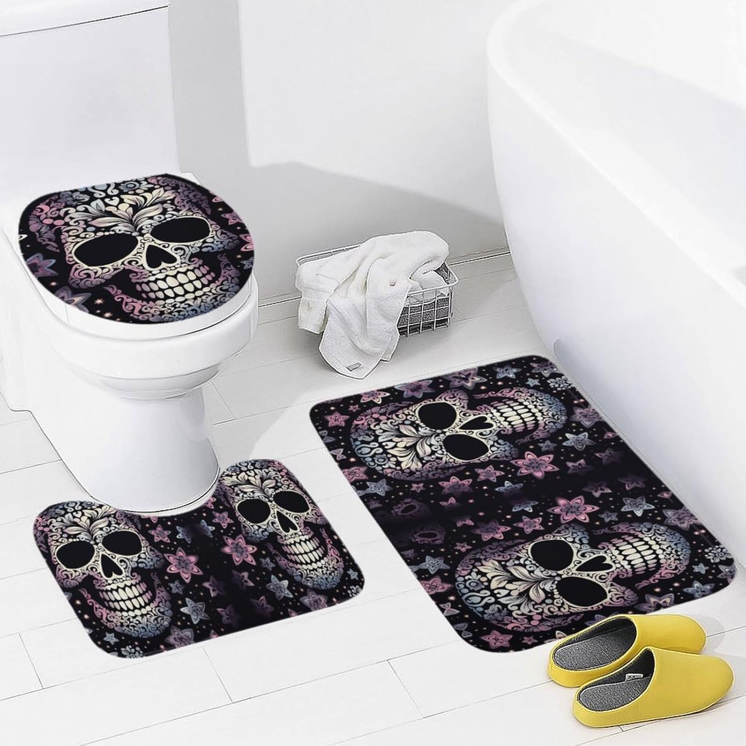 Anti-Skid Floor Mats 3 Piece Set,Cool Skull Printed Coral Fleece Bathroom Mats U-Shaped Contour Mat Toilet Seat Cover for Bathroom, Tub, Shower, Kitchen 19.7"x31.5"