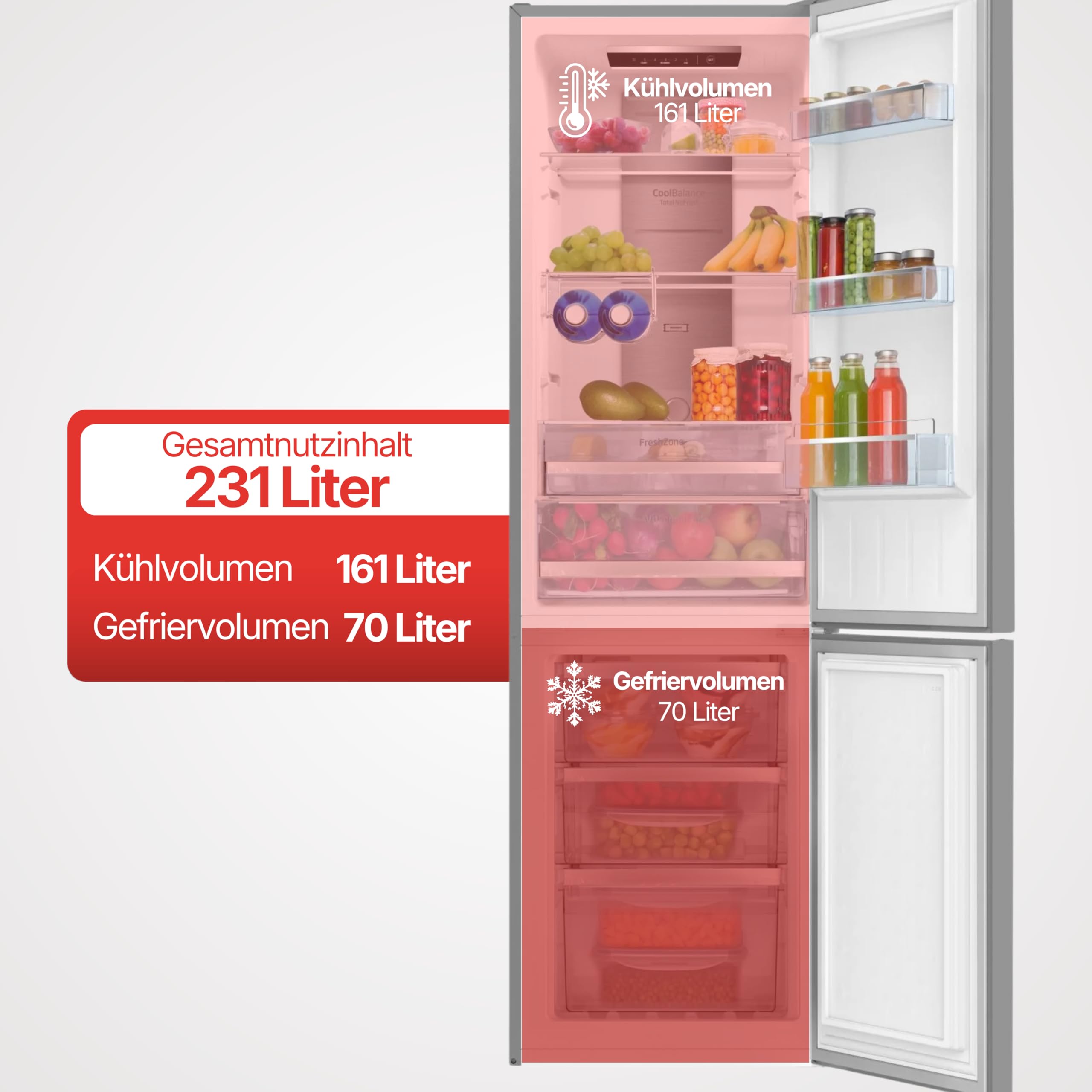 Amica KGCN 387 140 E lodówko-zamrażarka, wysokość 170 cm, szerokość 54 cm, pojemność 231 l, NoFrost, FreshZone, super chłodzenie, super zamrażanie, wygląd stali nierdzewnej