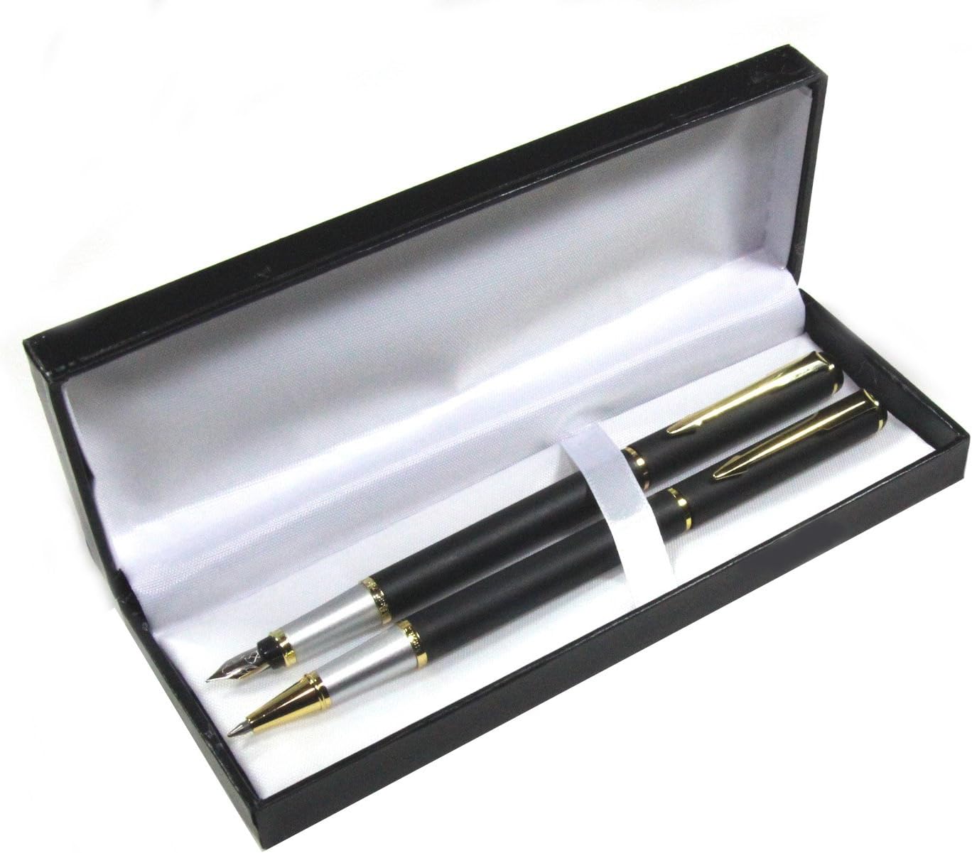Gel Ink Rollerball Pen and Fountain Pen Set in Gift Box, Matte Black Body with Stainless Steel Nib and Gold Trim, Contemporary Elegant Design