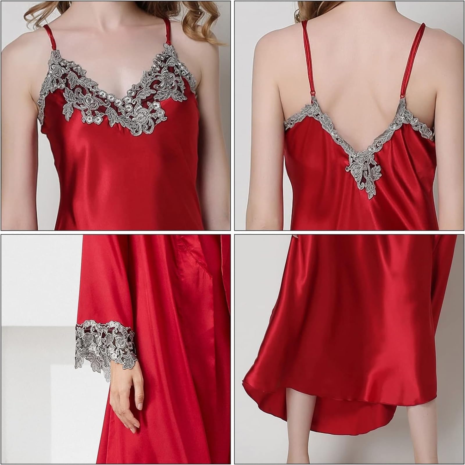 Albornoz Para Viajes Piscina Conjunto De Pijama Encaje Seda Sexy Para Mujer, Camisón Y Bata Satén 2 Piezas, Ropa Dormir Larga Ropa De Dormir
